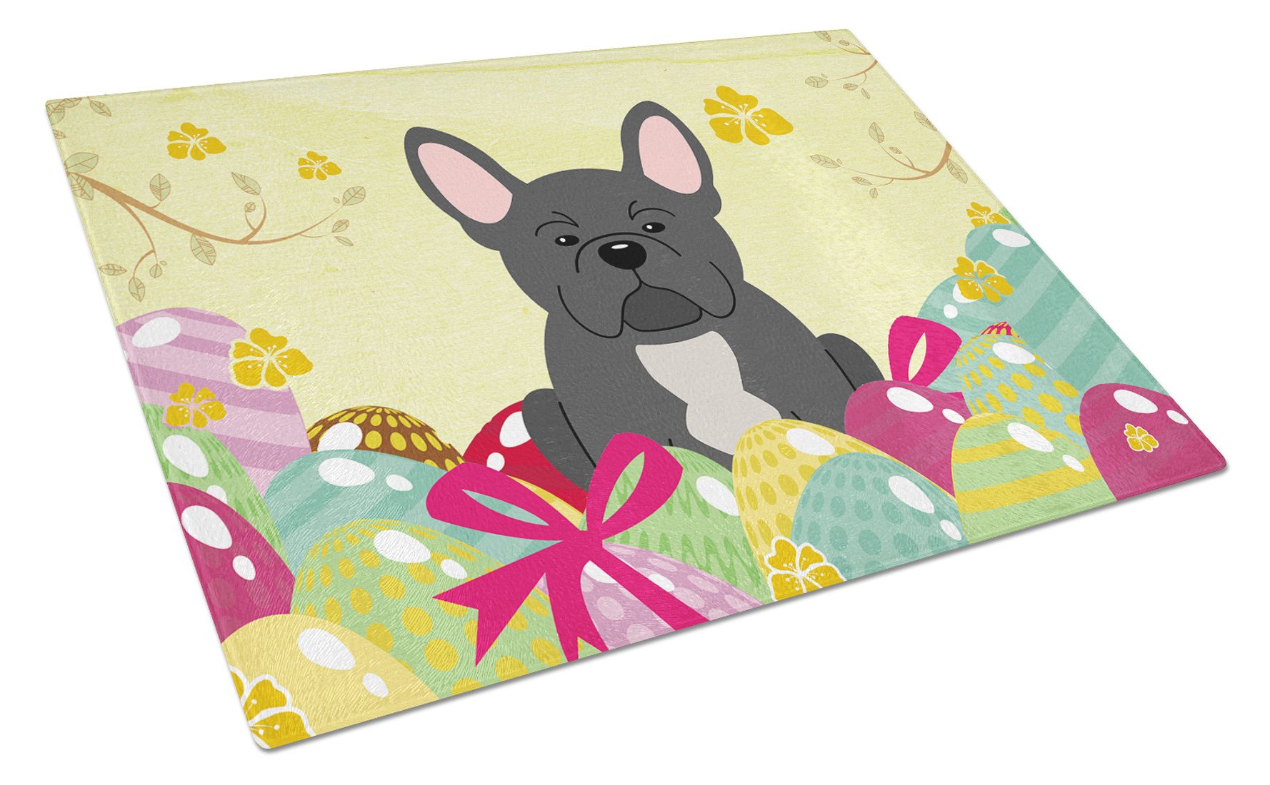Easter Eggs French Bulldog Black Cutting Board Tempered Glass Kitchen Cutting Surface, Heat Resistant Chopping, Non-Slip Feet, Food Prep & Serving