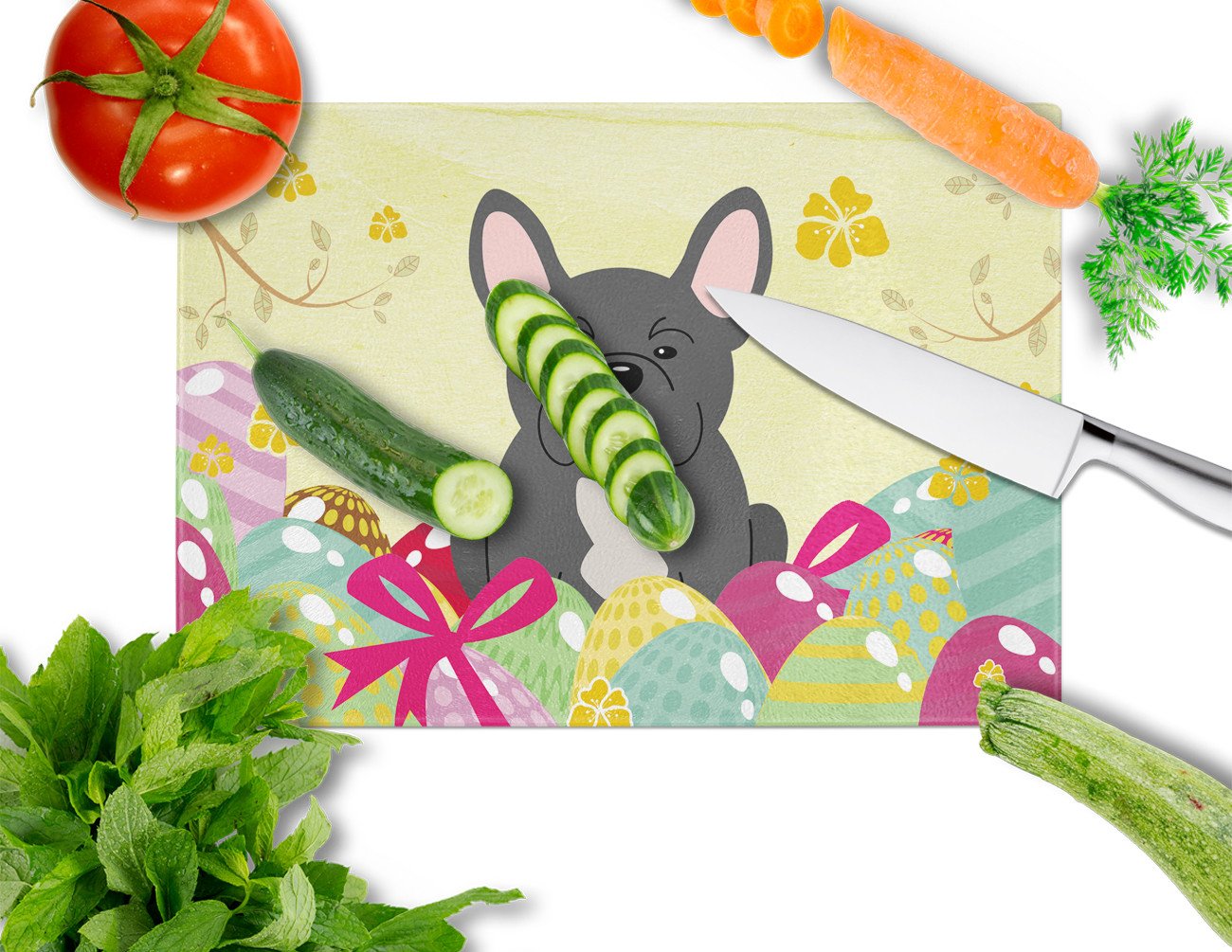 Easter Eggs French Bulldog Black Cutting Board Tempered Glass Kitchen Cutting Surface, Heat Resistant Chopping, Non-Slip Feet, Food Prep & Serving