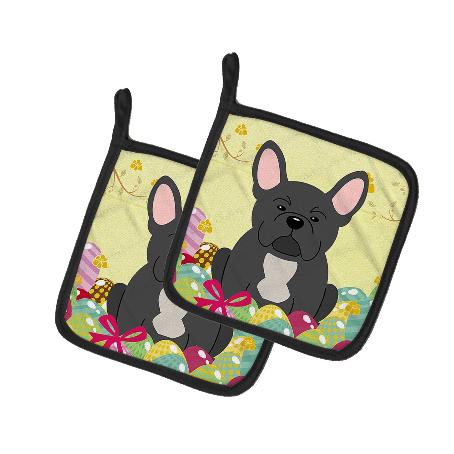 Easter Eggs French Bulldog Black Pot Holder Set of 2 Heat Resistant Quilted Hot Pads 7.5 x 7.5 Inch, Insulated Kitchen Trivets for Cooking & Baking