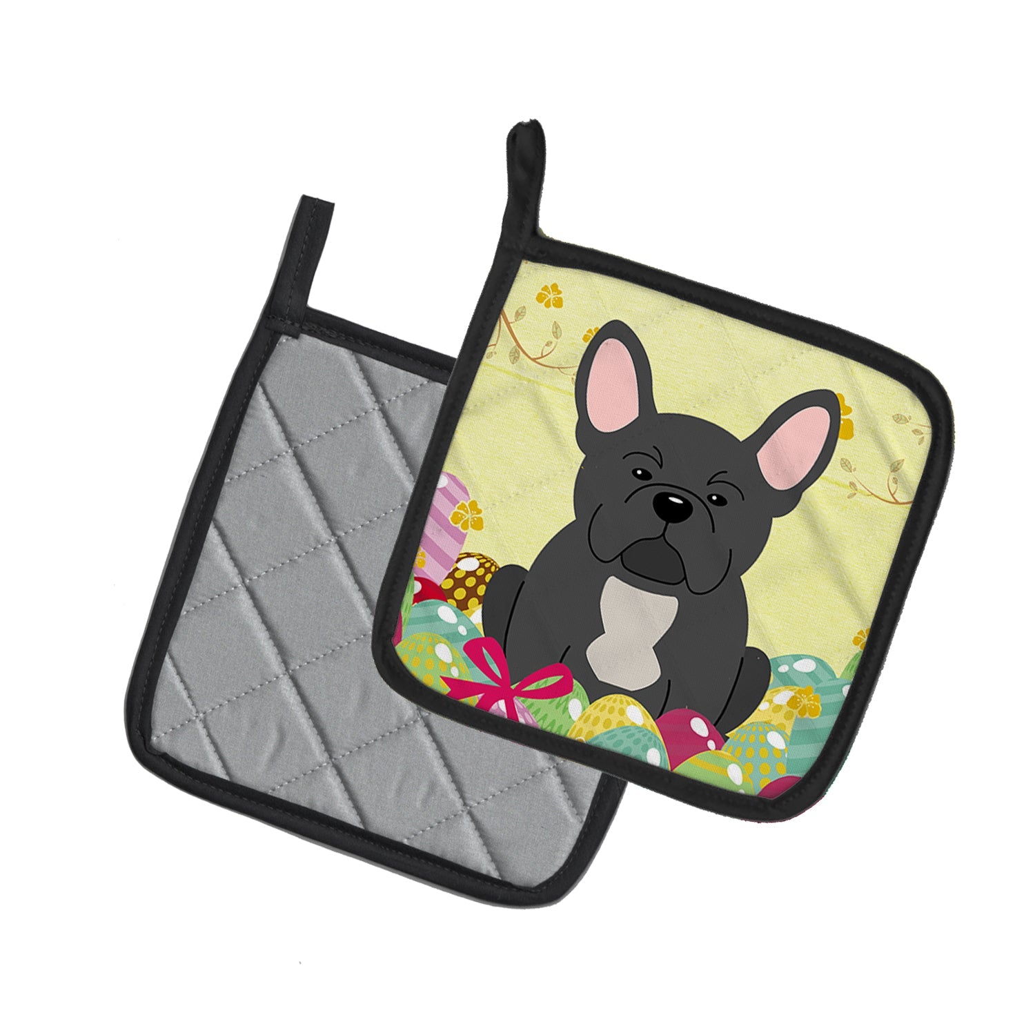 Easter Eggs French Bulldog Black Pot Holder Set of 2 Heat Resistant Quilted Hot Pads 7.5 x 7.5 Inch, Insulated Kitchen Trivets for Cooking & Baking