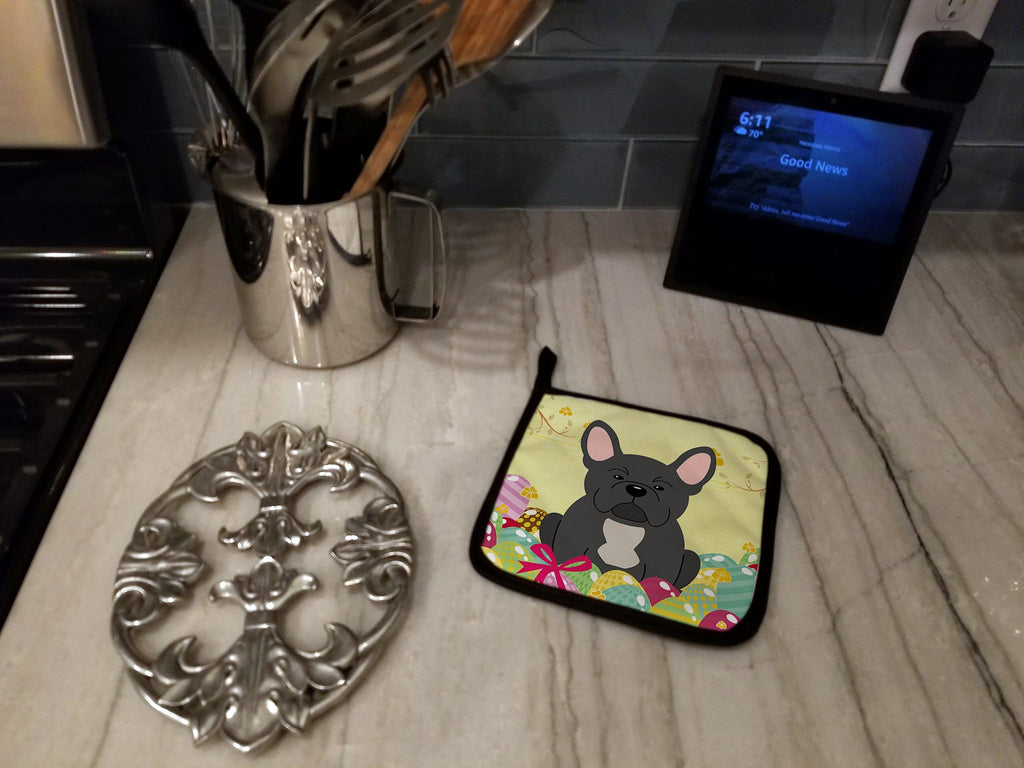 Easter Eggs French Bulldog Black Pot Holder Set of 2 Heat Resistant Quilted Hot Pads 7.5 x 7.5 Inch, Insulated Kitchen Trivets for Cooking & Baking