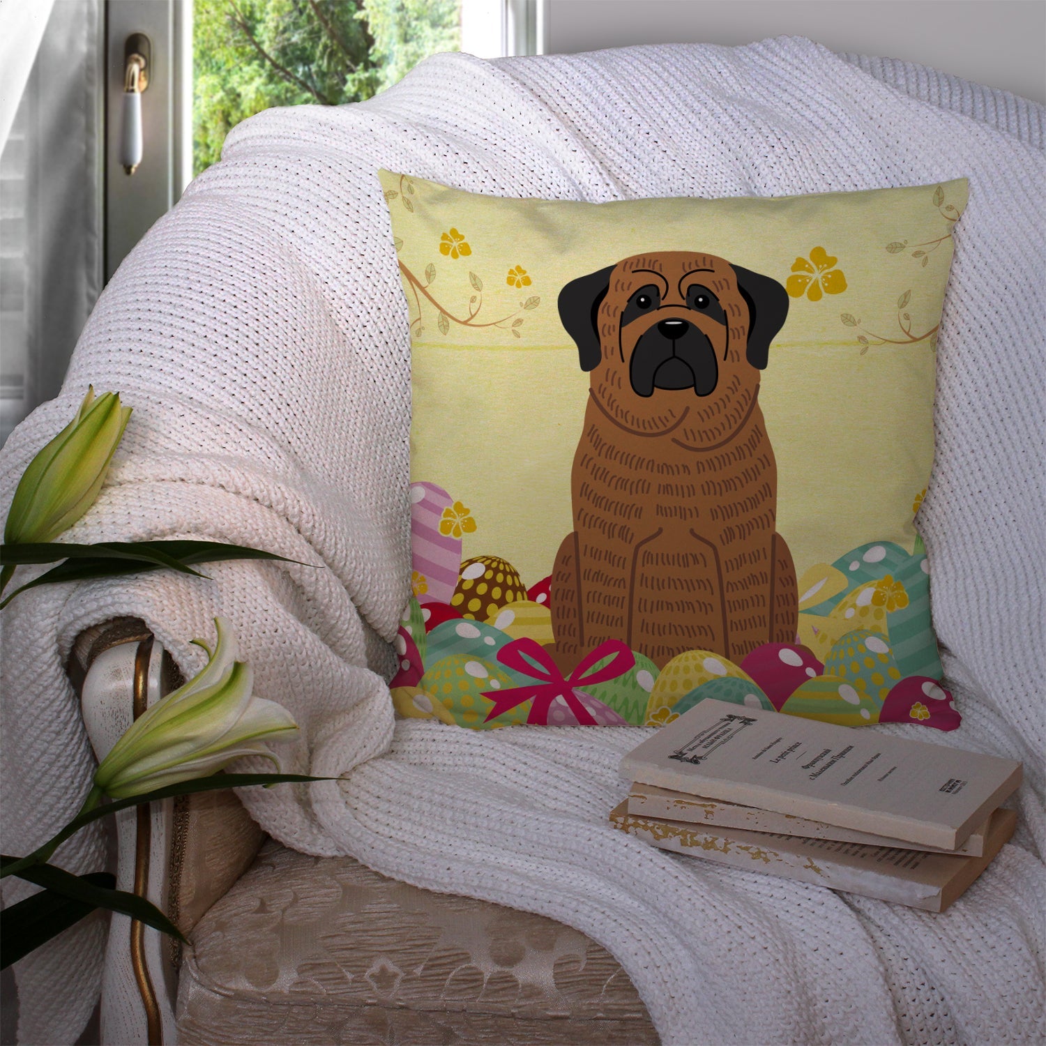 Easter Eggs Mastiff Brindle Decorative Throw Pillow 14x14 Indoor Outdoor Accent Cushion, Fabric Cover with Insert for Sofa, Bed, Porch & Living Room