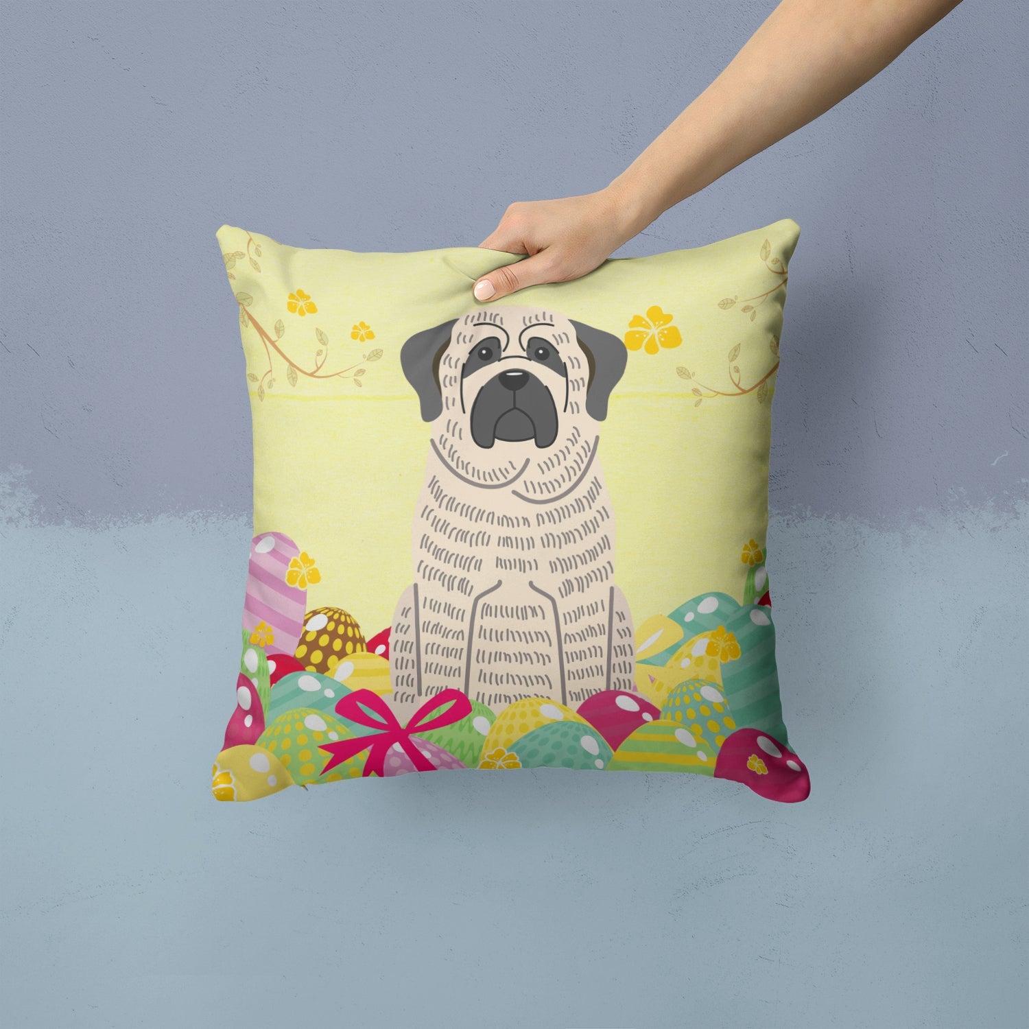 Easter Eggs Mastiff Brindle White Decorative Throw Pillow 14x14 Indoor Outdoor Accent Cushion, Fabric Cover with Insert for Sofa, Bed, Porch & Living Room
