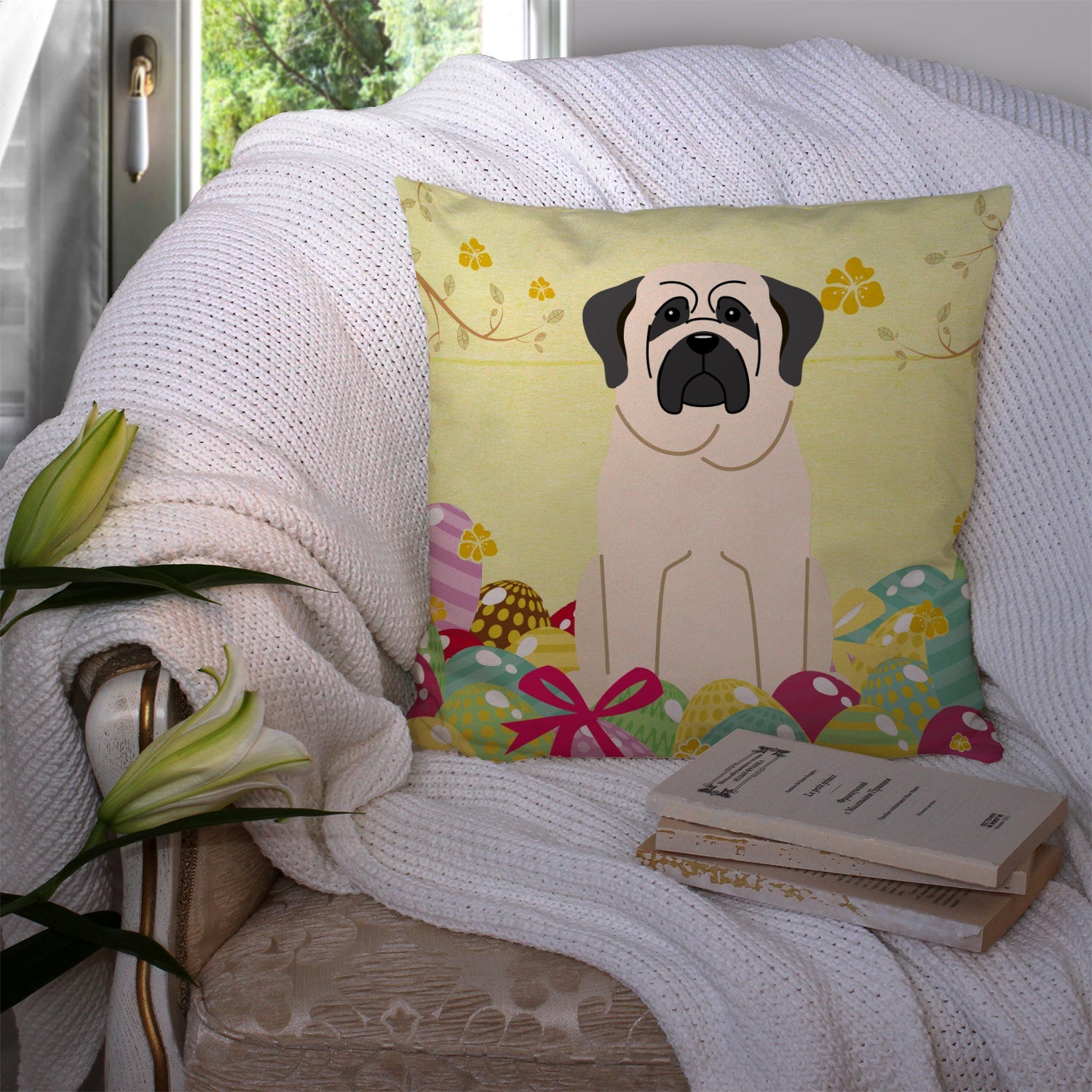 Easter Eggs Mastiff White Decorative Throw Pillow 14x14 Indoor Outdoor Accent Cushion, Fabric Cover with Insert for Sofa, Bed, Porch & Living Room
