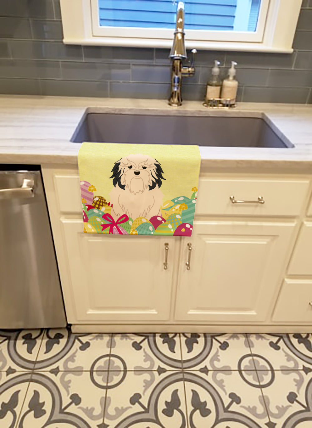 Easter Eggs Lowchen Kitchen Towel Velour Plush Front and Cotton Loop Back Machine Washable