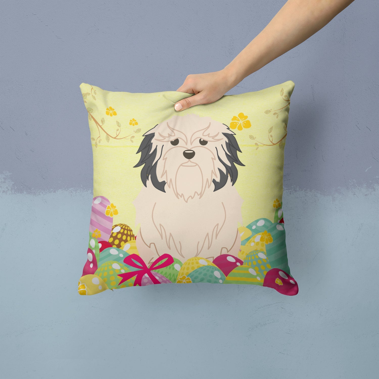 Easter Eggs Lowchen Decorative Throw Pillow 14x14 Indoor Outdoor Accent Cushion, Fabric Cover with Insert for Sofa, Bed, Porch & Living Room