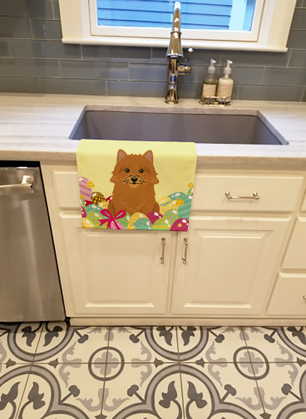 Easter Eggs Norwich Terrier Kitchen Towel Velour Plush Front and Cotton Loop Back Machine Washable