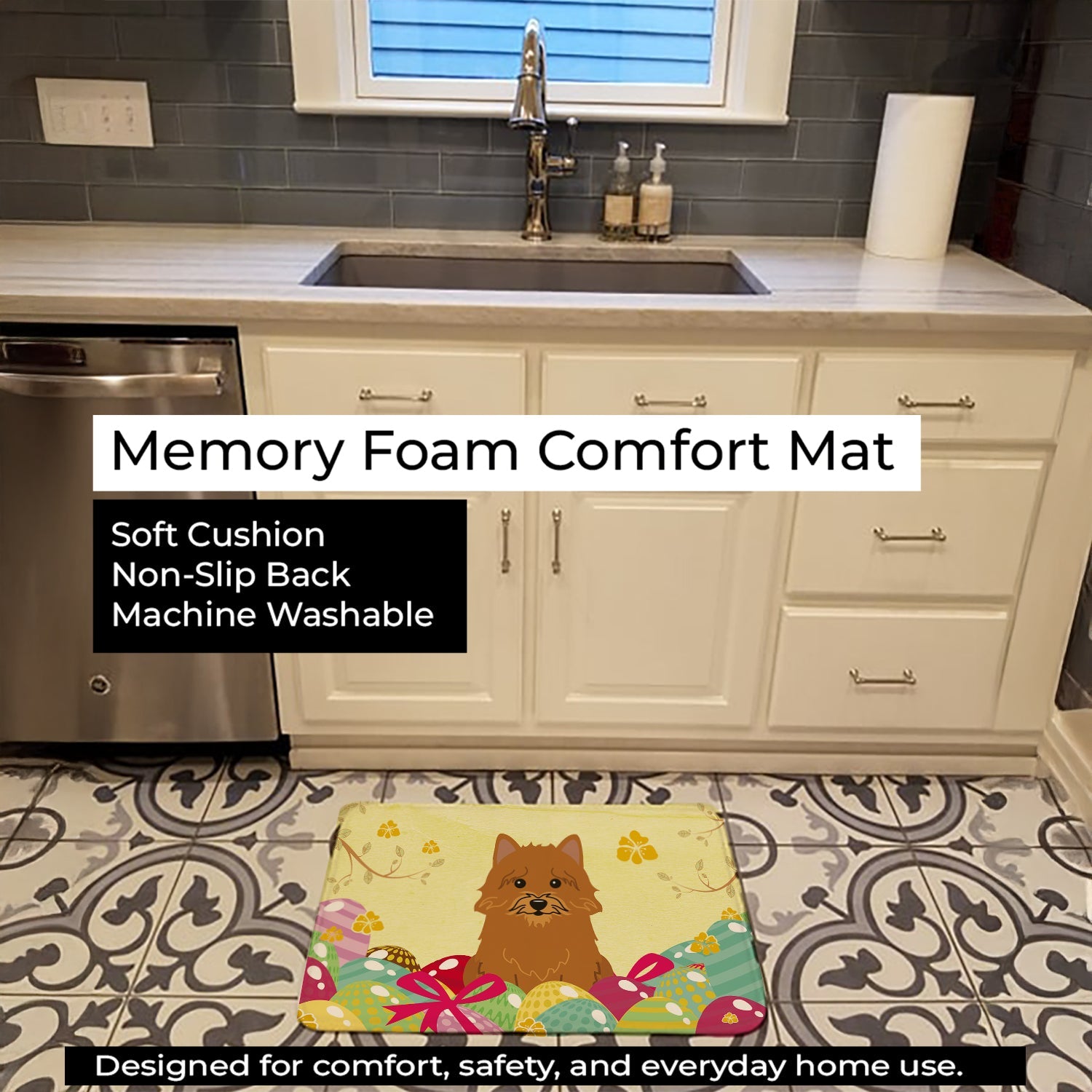Easter Eggs Norwich Terrier Memory Foam Kitchen Mat Machine Washable Anti-Fatigue Cushion Comfort Bath or Kitchen Rug