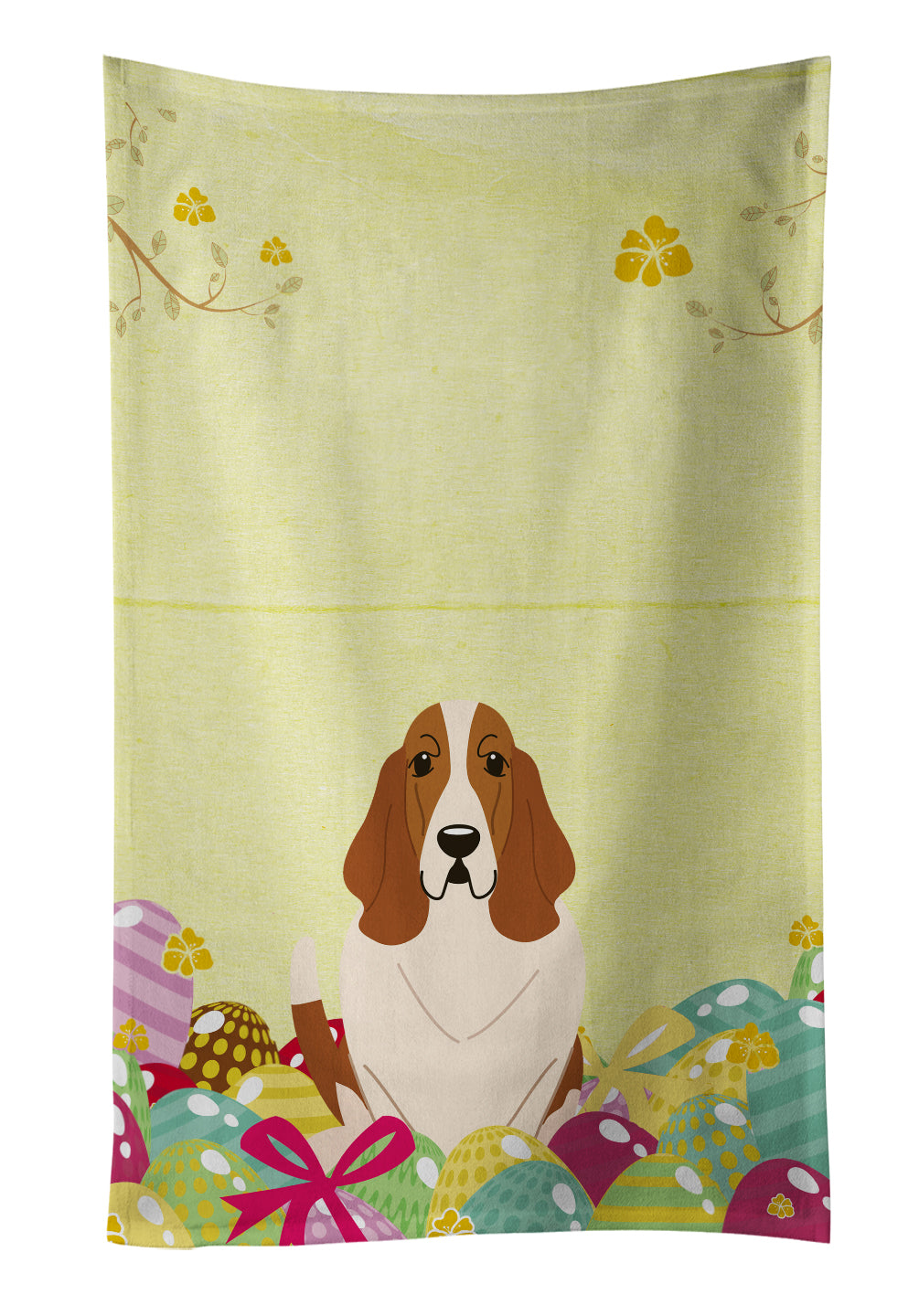 Easter Eggs Basset Hound Kitchen Towel Velour Plush Front and Cotton Loop Back Machine Washable