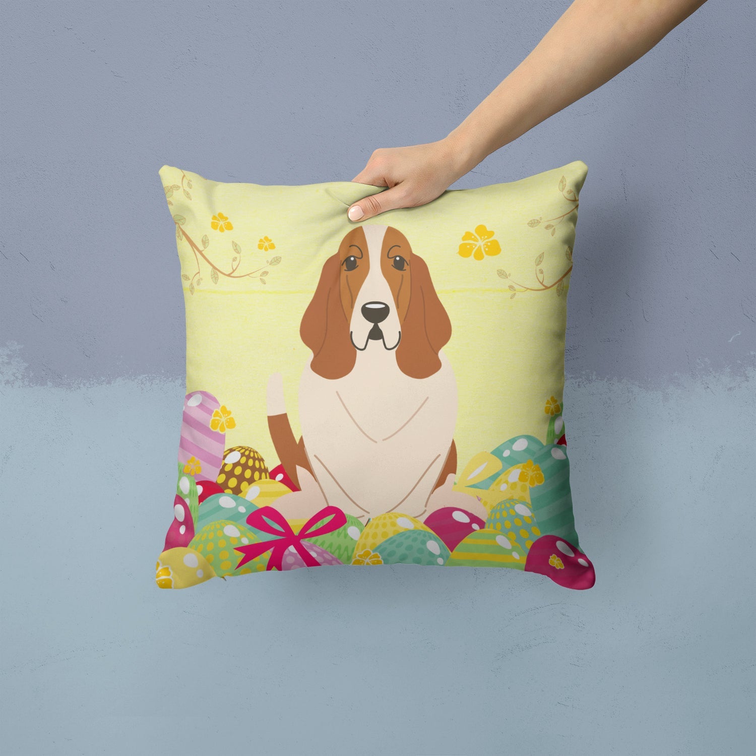 Easter Eggs Basset Hound Decorative Throw Pillow 14x14 Indoor Outdoor Accent Cushion, Fabric Cover with Insert for Sofa, Bed, Porch & Living Room