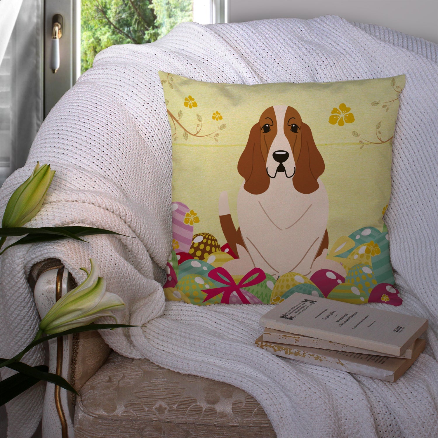 Easter Eggs Basset Hound Decorative Throw Pillow 14x14 Indoor Outdoor Accent Cushion, Fabric Cover with Insert for Sofa, Bed, Porch & Living Room