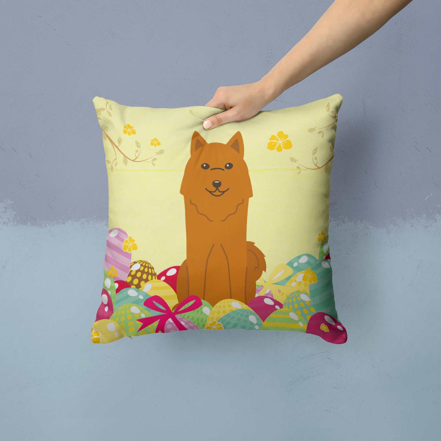 Easter Eggs Karelian Bear Dog Decorative Throw Pillow 14x14 Indoor Outdoor Accent Cushion, Fabric Cover with Insert for Sofa, Bed, Porch & Living Room