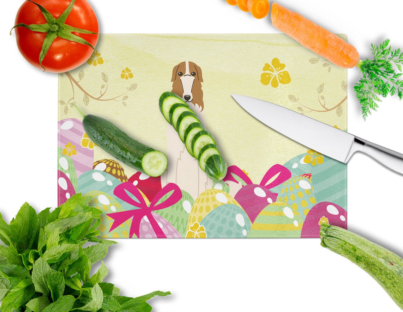 Easter Eggs Borzoi Cutting Board Tempered Glass Kitchen Cutting Surface, Heat Resistant Chopping, Non-Slip Feet, Food Prep & Serving