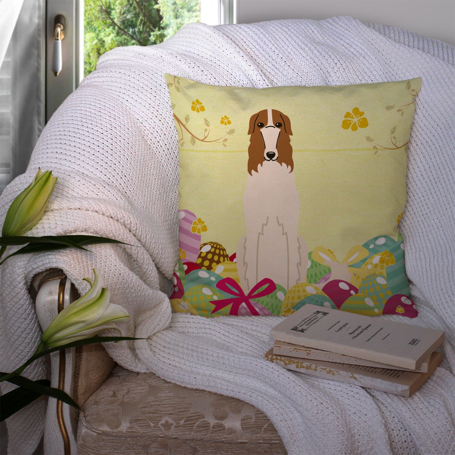 Easter Eggs Borzoi Decorative Throw Pillow 14x14 Indoor Outdoor Accent Cushion, Fabric Cover with Insert for Sofa, Bed, Porch & Living Room