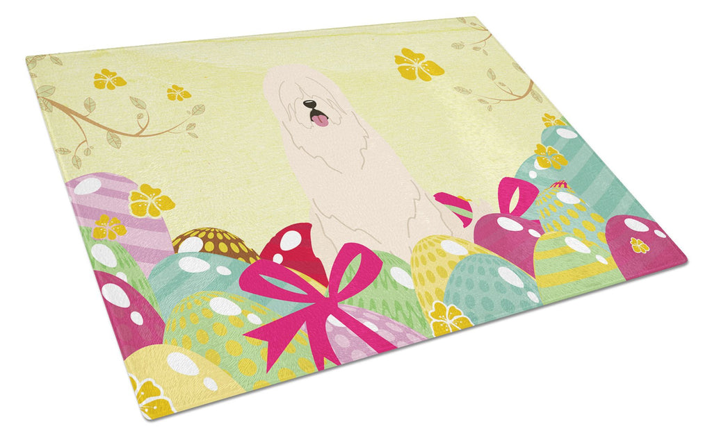 Easter Eggs South Russian Sheepdog Cutting Board Tempered Glass Kitchen Cutting Surface, Heat Resistant Chopping, Non-Slip Feet, Food Prep & Serving