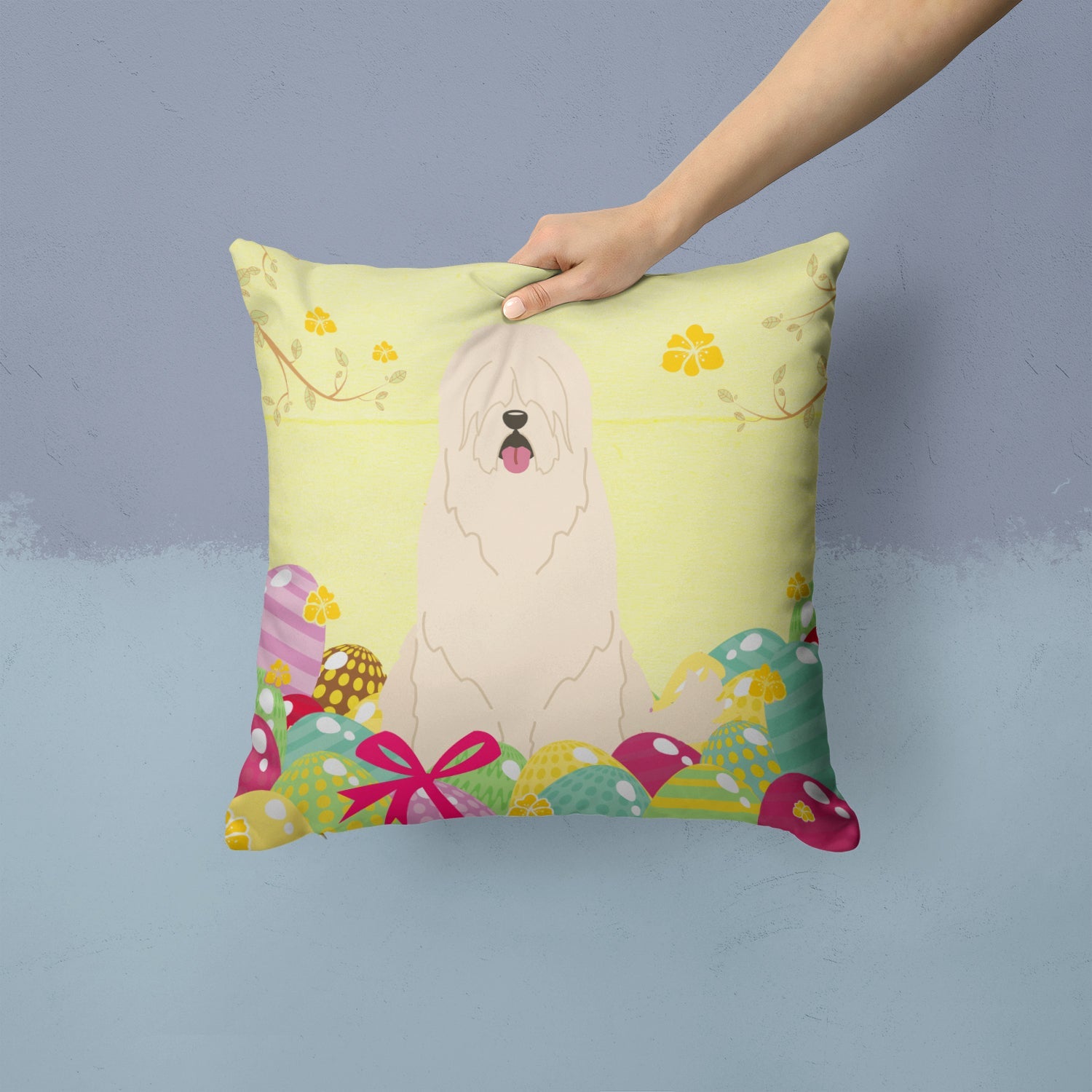 Easter Eggs South Russian Sheepdog Decorative Throw Pillow 14x14 Indoor Outdoor Accent Cushion, Fabric Cover with Insert for Sofa, Bed, Porch & Living Room