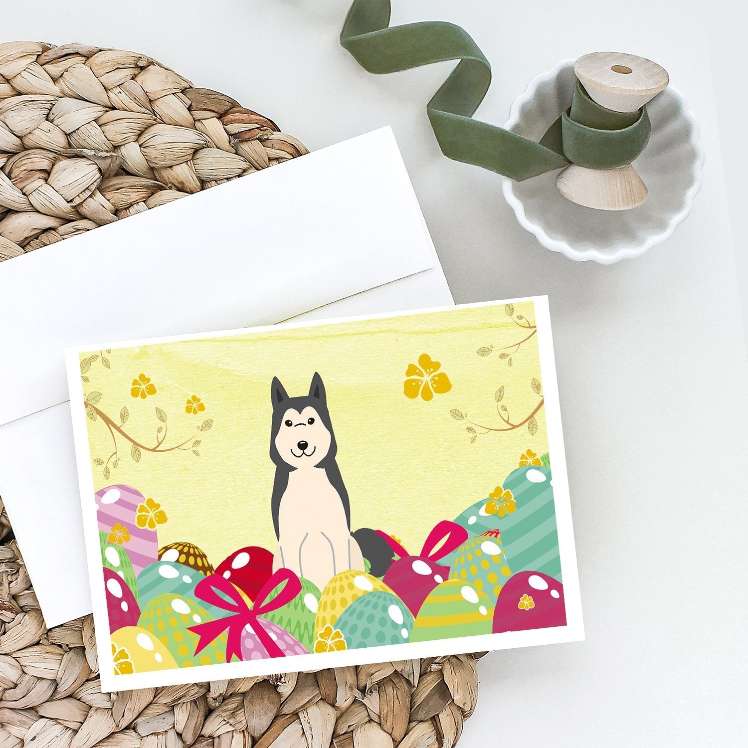 Easter Eggs West Siberian Laika Spitz Greeting Cards Pack of 8 Blank Cards with Envelopes Whimsical A7 Size 5x7
