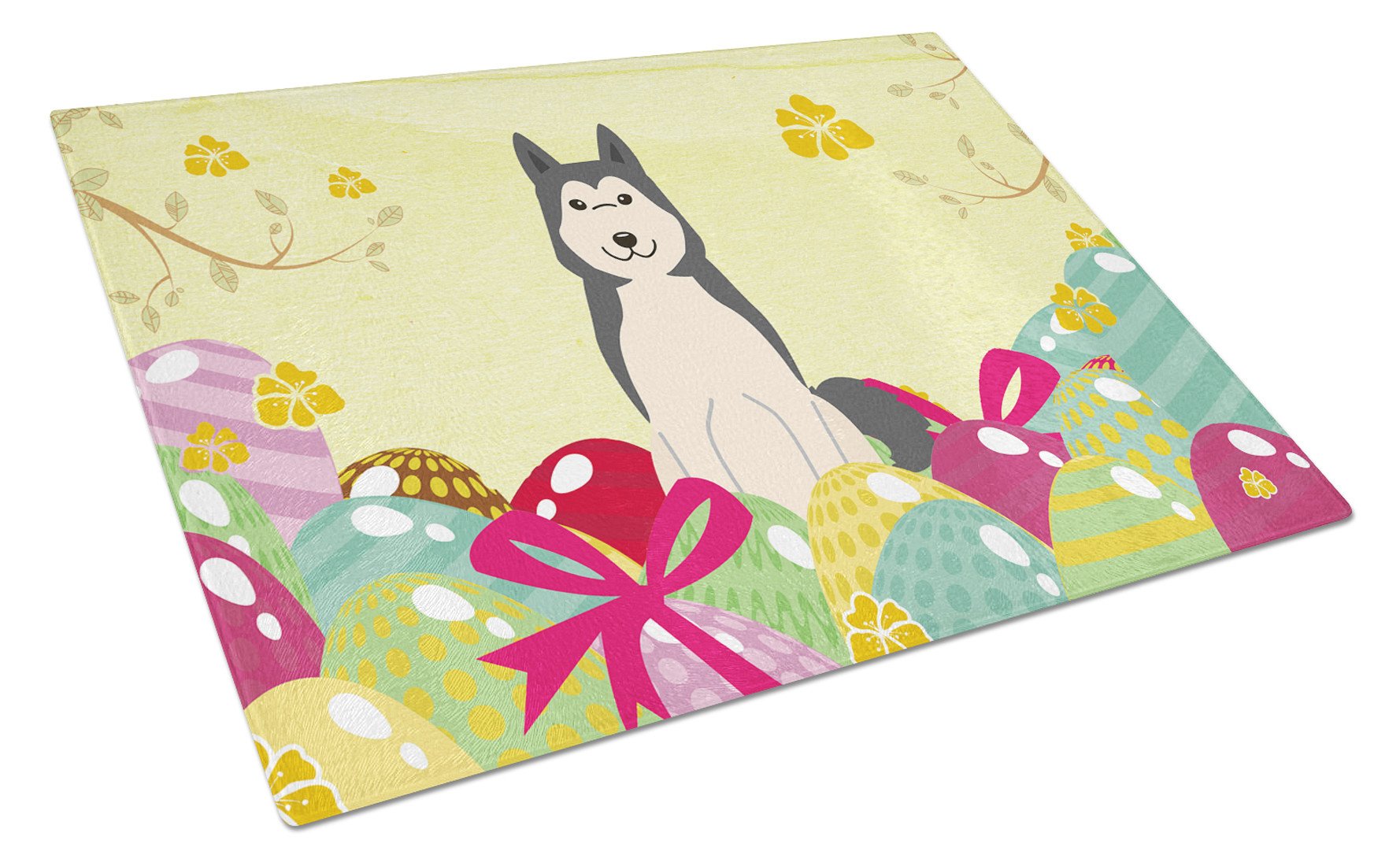Easter Eggs West Siberian Laika Spitz Cutting Board Tempered Glass Kitchen Cutting Surface, Heat Resistant Chopping, Non-Slip Feet, Food Prep & Serving