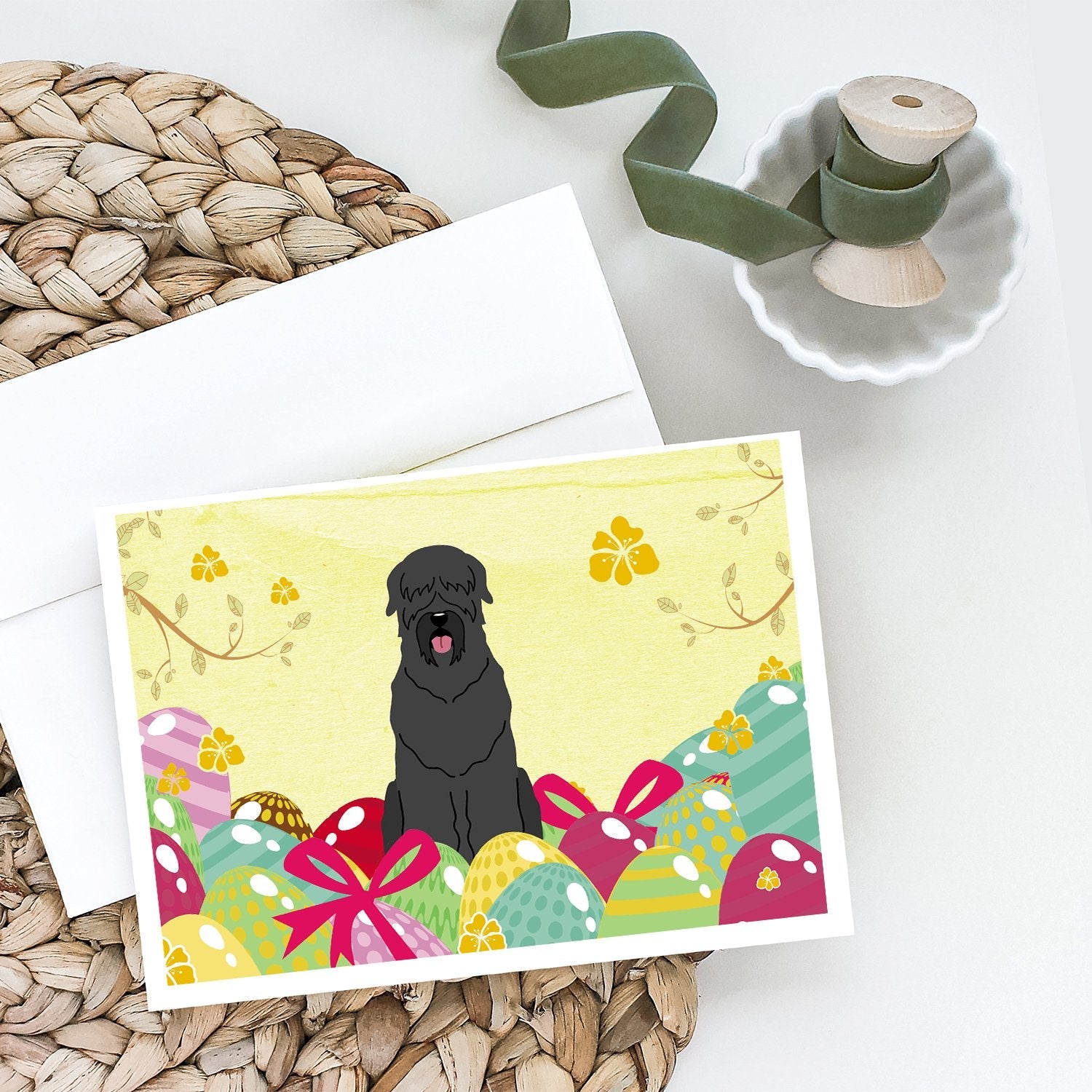 Easter Eggs Black Russian Terrier Greeting Cards Pack of 8 Blank Cards with Envelopes Whimsical A7 Size 5x7