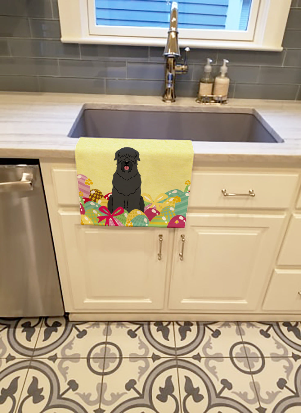 Easter Eggs Black Russian Terrier Kitchen Towel Velour Plush Front and Cotton Loop Back Machine Washable