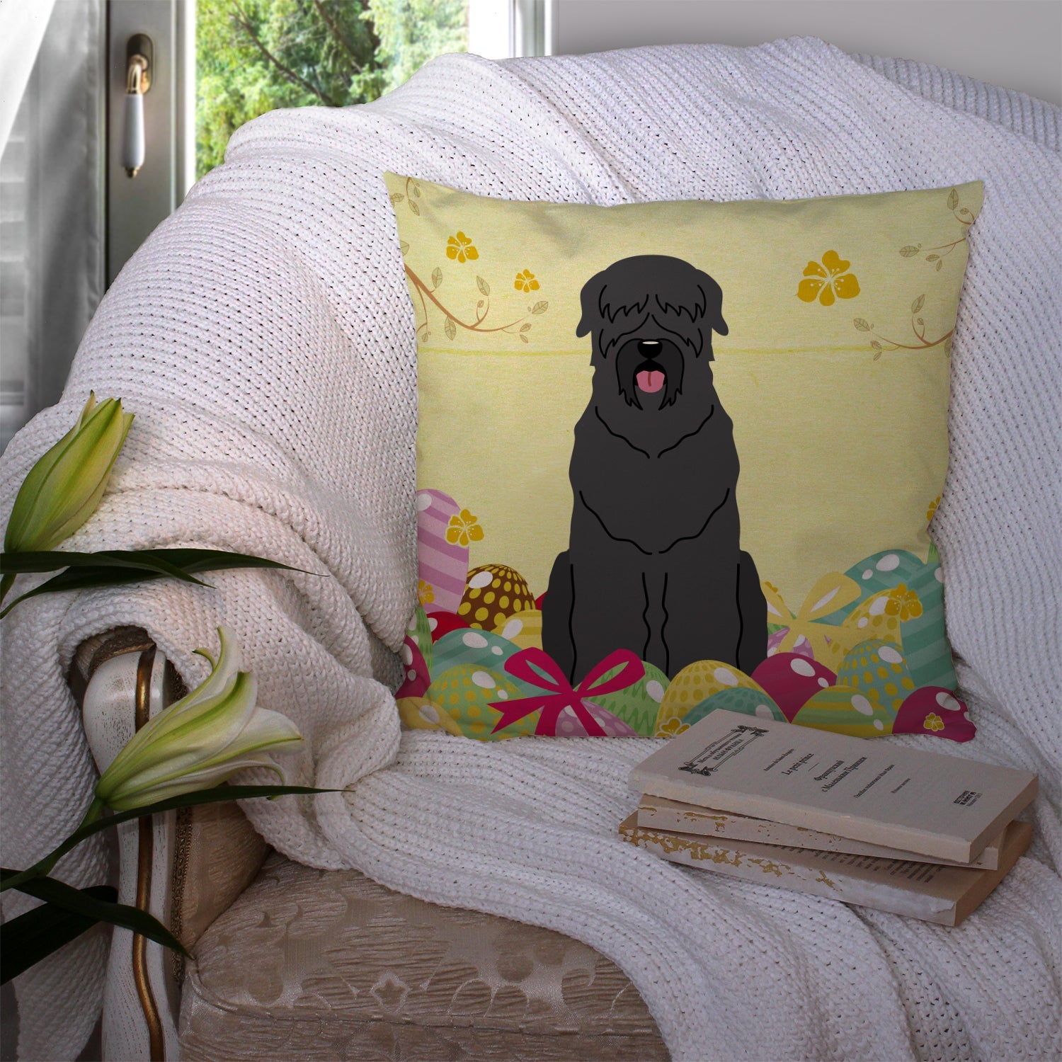 Easter Eggs Black Russian Terrier Decorative Throw Pillow 14x14 Indoor Outdoor Accent Cushion, Fabric Cover with Insert for Sofa, Bed, Porch & Living Room