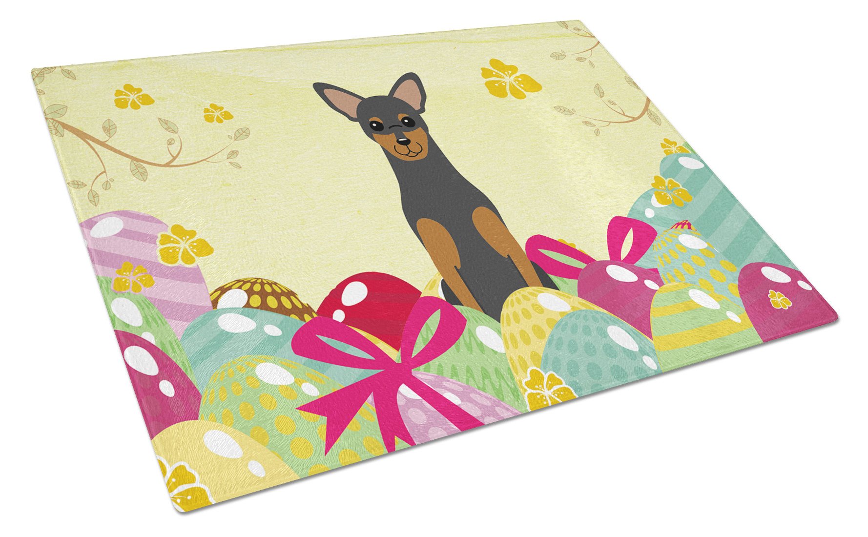 Easter Eggs Manchester Terrier Cutting Board Tempered Glass Kitchen Cutting Surface, Heat Resistant Chopping, Non-Slip Feet, Food Prep & Serving