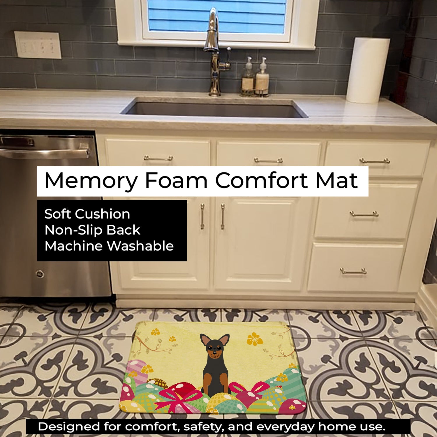 Easter Eggs Manchester Terrier Memory Foam Kitchen Mat Machine Washable Anti-Fatigue Cushion Comfort Bath or Kitchen Rug
