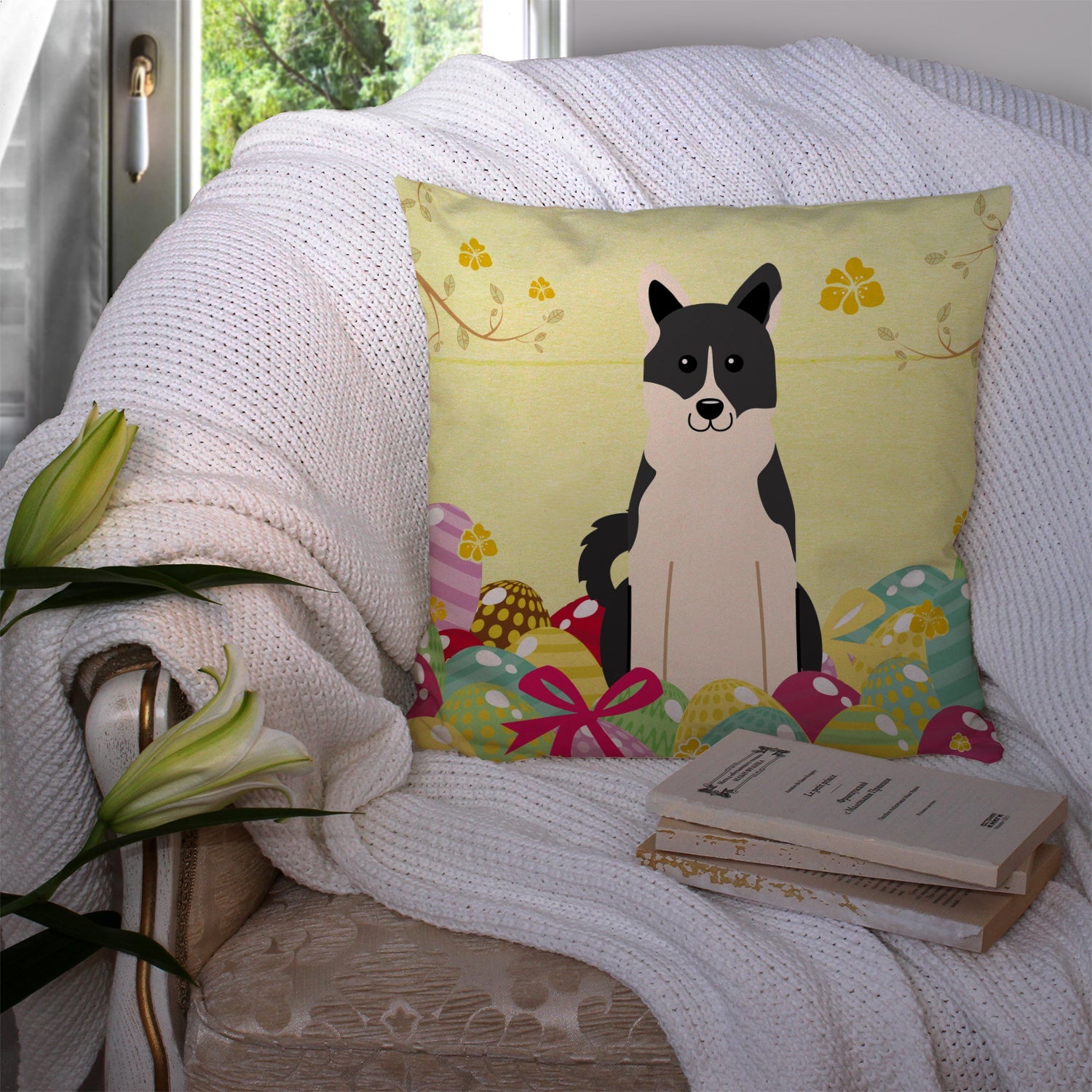 Easter Eggs Russo-European Laika Spitz Decorative Throw Pillow 14x14 Indoor Outdoor Accent Cushion, Fabric Cover with Insert for Sofa, Bed, Porch & Living Room