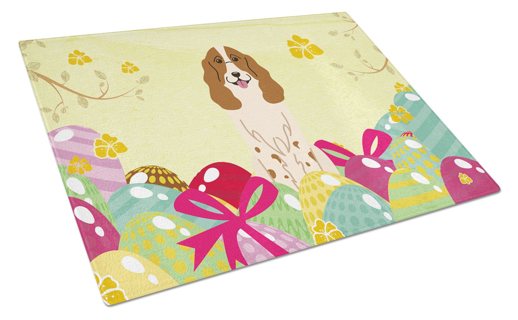 Easter Eggs Russian Spaniel Cutting Board Tempered Glass Kitchen Cutting Surface, Heat Resistant Chopping, Non-Slip Feet, Food Prep & Serving