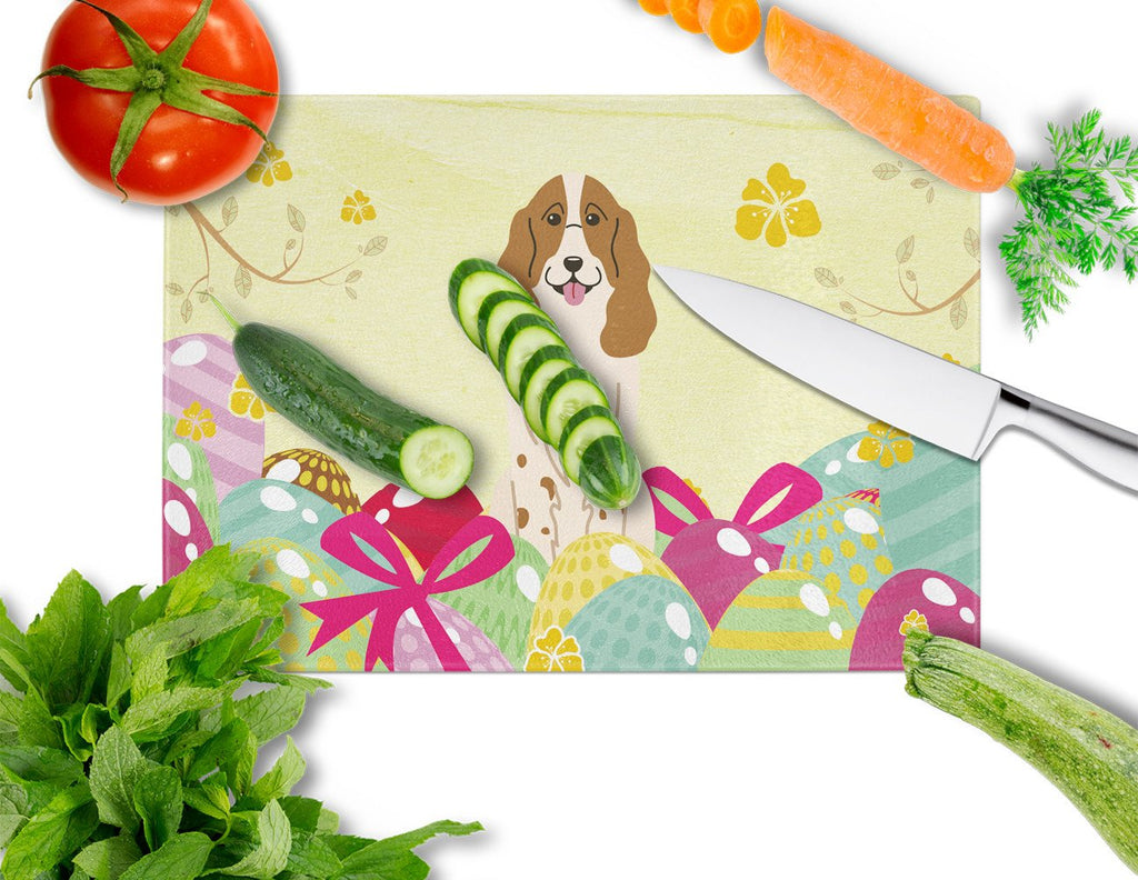 Easter Eggs Russian Spaniel Cutting Board Tempered Glass Kitchen Cutting Surface, Heat Resistant Chopping, Non-Slip Feet, Food Prep & Serving