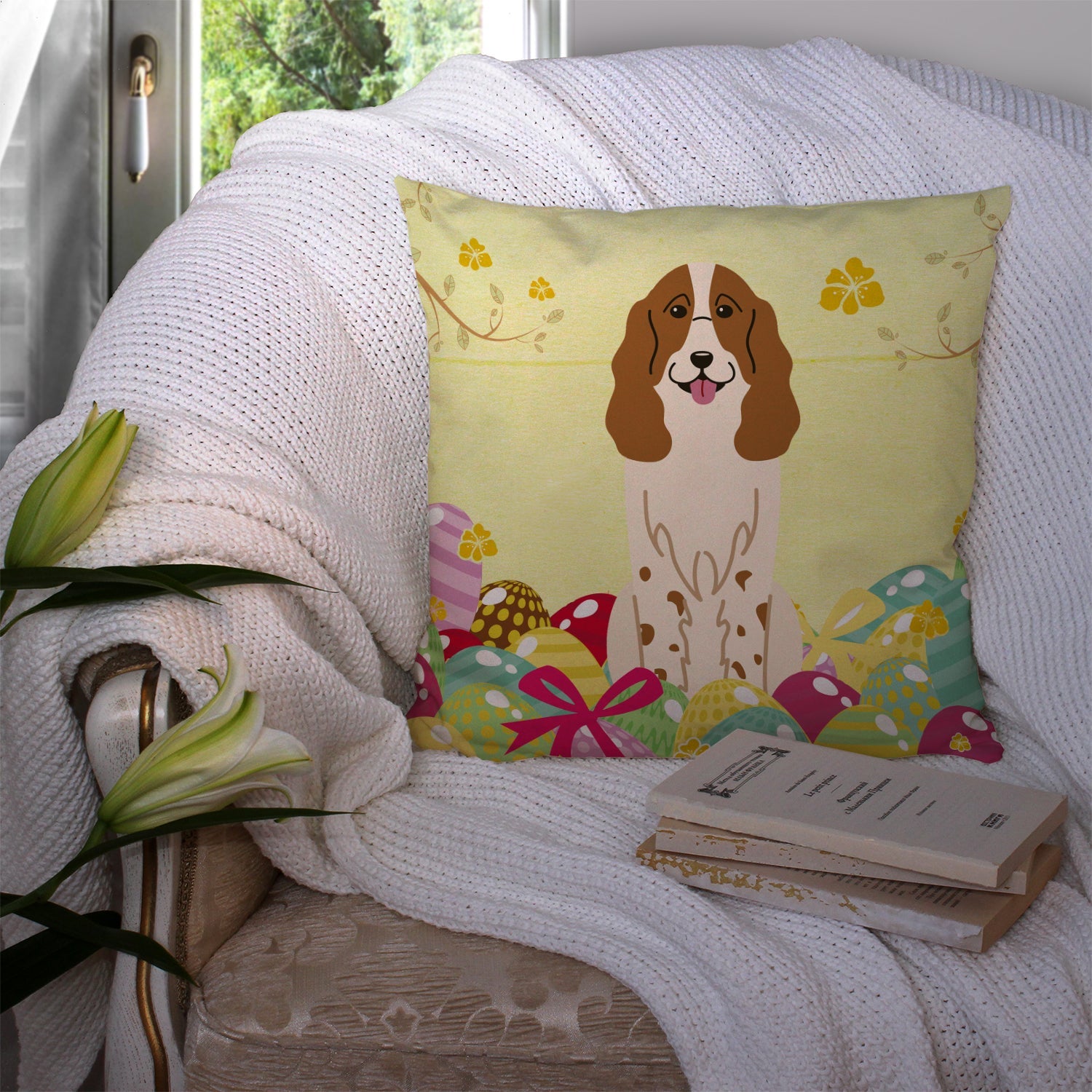 Easter Eggs Russian Spaniel Decorative Throw Pillow 14x14 Indoor Outdoor Accent Cushion, Fabric Cover with Insert for Sofa, Bed, Porch & Living Room