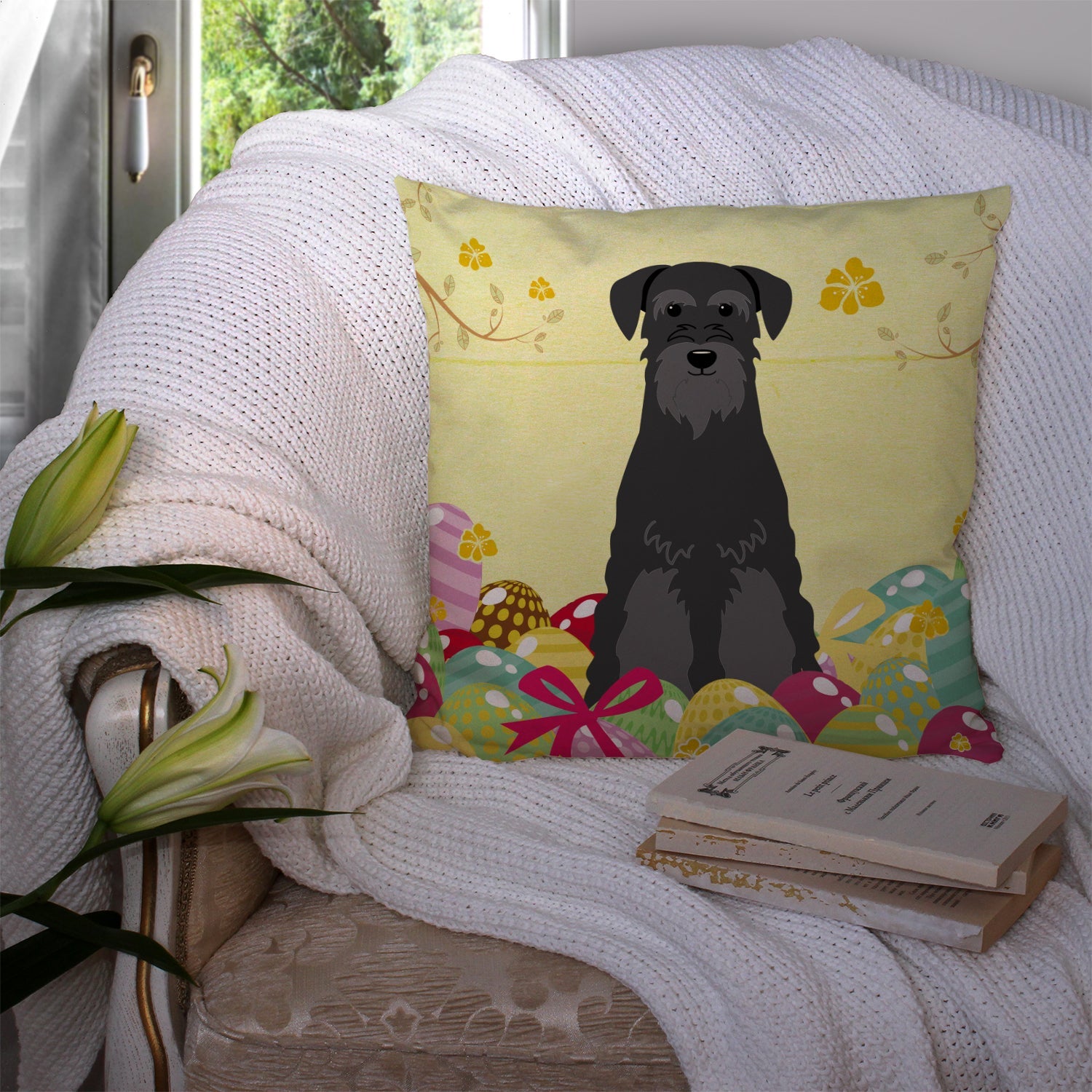 Easter Eggs Standard Schnauzer Black Decorative Throw Pillow 14x14 Indoor Outdoor Accent Cushion, Fabric Cover with Insert for Sofa, Bed, Porch & Living Room