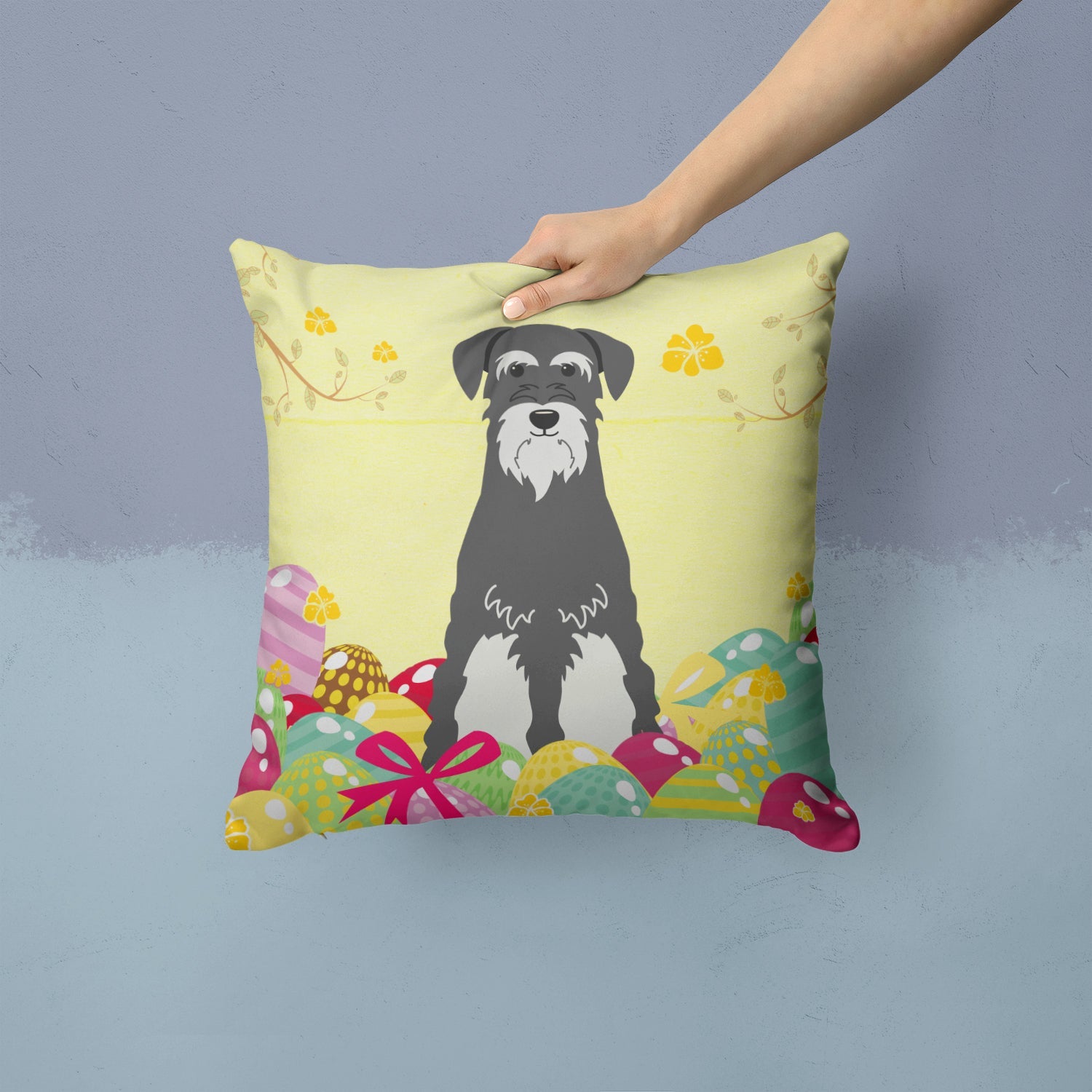 Easter Eggs Standard Schnauzer Salt and Pepper Decorative Throw Pillow 14x14 Indoor Outdoor Accent Cushion, Fabric Cover with Insert for Sofa, Bed, Porch & Living Room