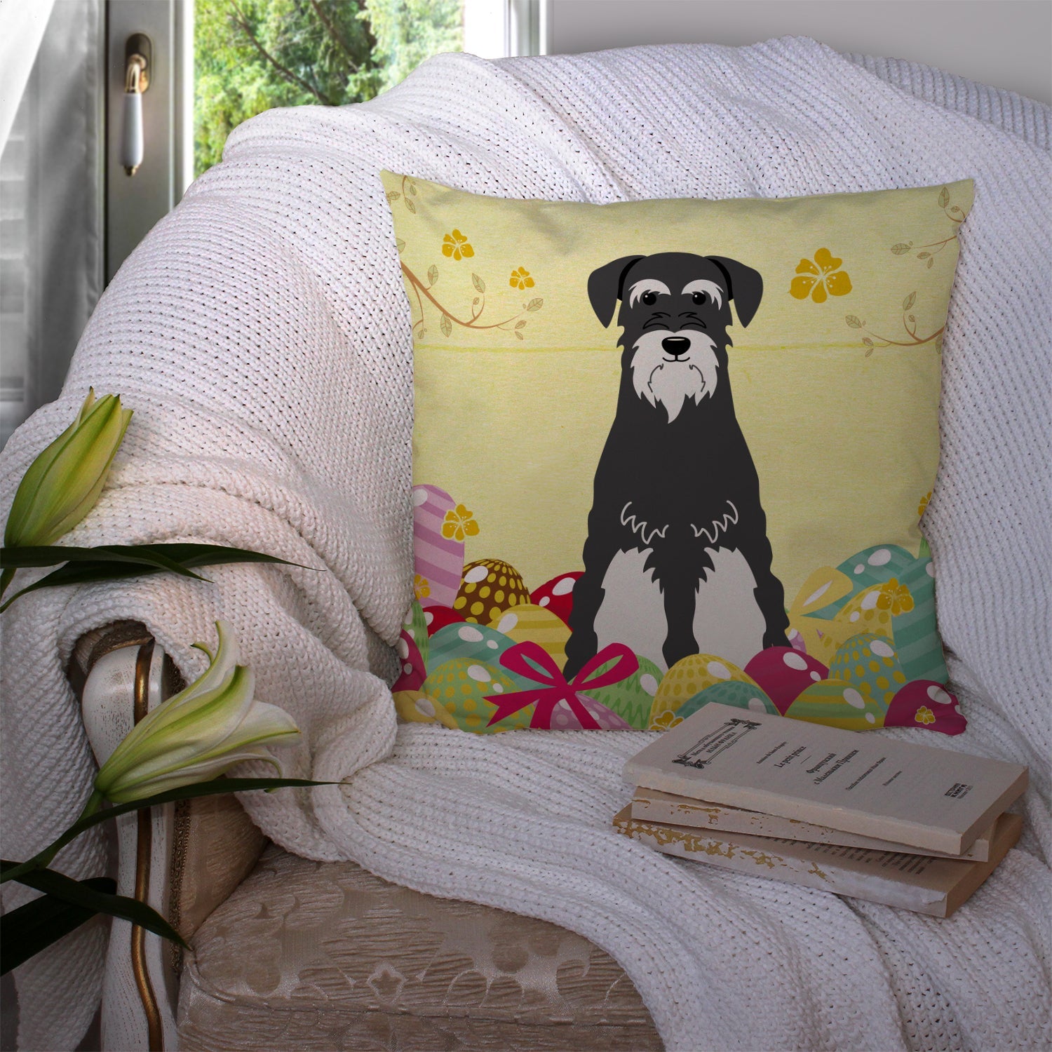 Easter Eggs Standard Schnauzer Salt and Pepper Decorative Throw Pillow 14x14 Indoor Outdoor Accent Cushion, Fabric Cover with Insert for Sofa, Bed, Porch & Living Room