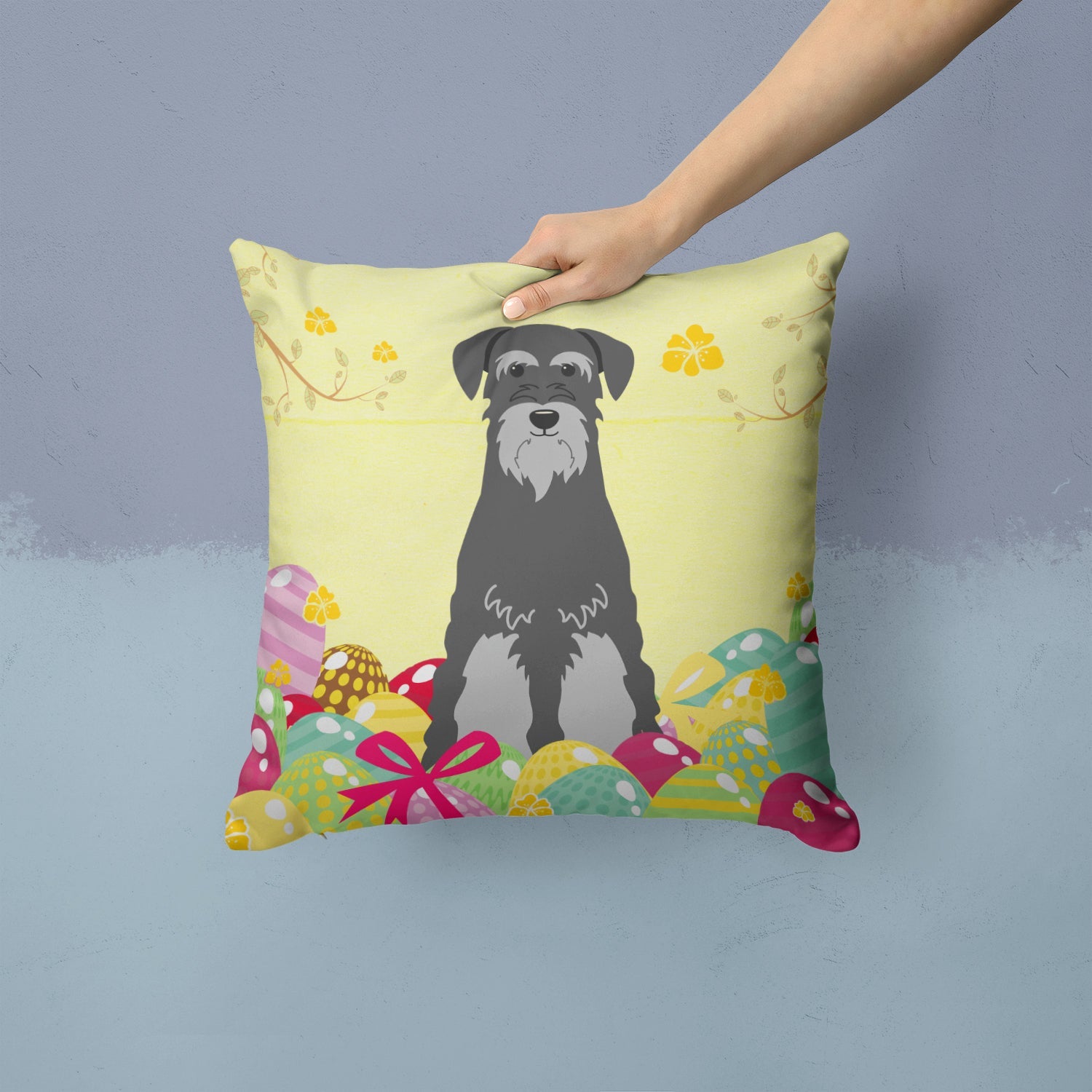 Easter Eggs Standard Schnauzer Black Grey Decorative Throw Pillow 14x14 Indoor Outdoor Accent Cushion, Fabric Cover with Insert for Sofa, Bed, Porch & Living Room