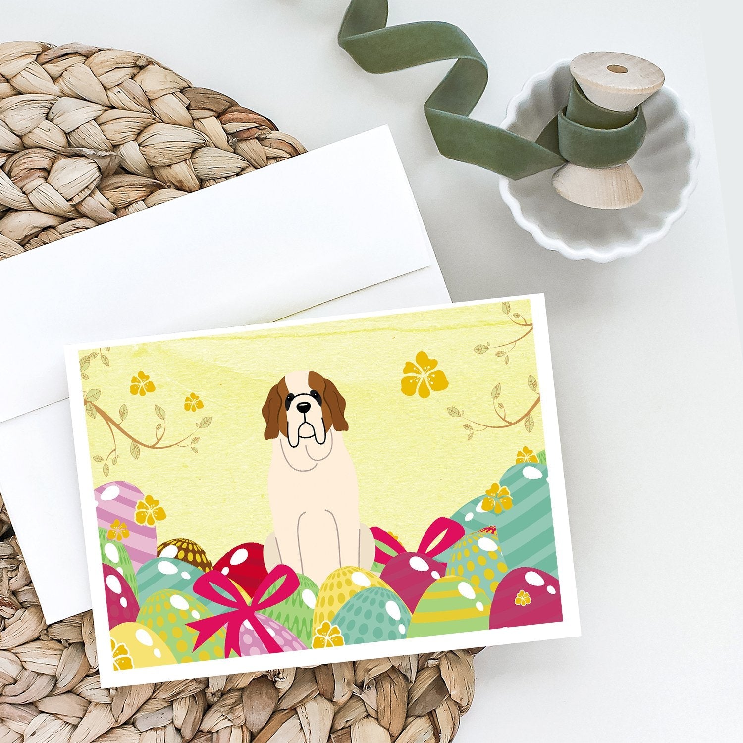 Easter Eggs Saint Bernard Greeting Cards Pack of 8 Blank Cards with Envelopes Whimsical A7 Size 5x7