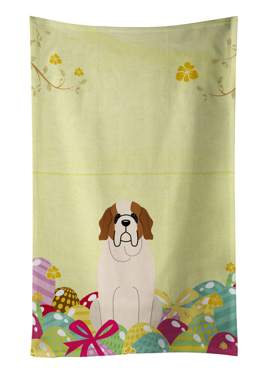 Easter Eggs Saint Bernard Kitchen Towel Velour Plush Front and Cotton Loop Back Machine Washable