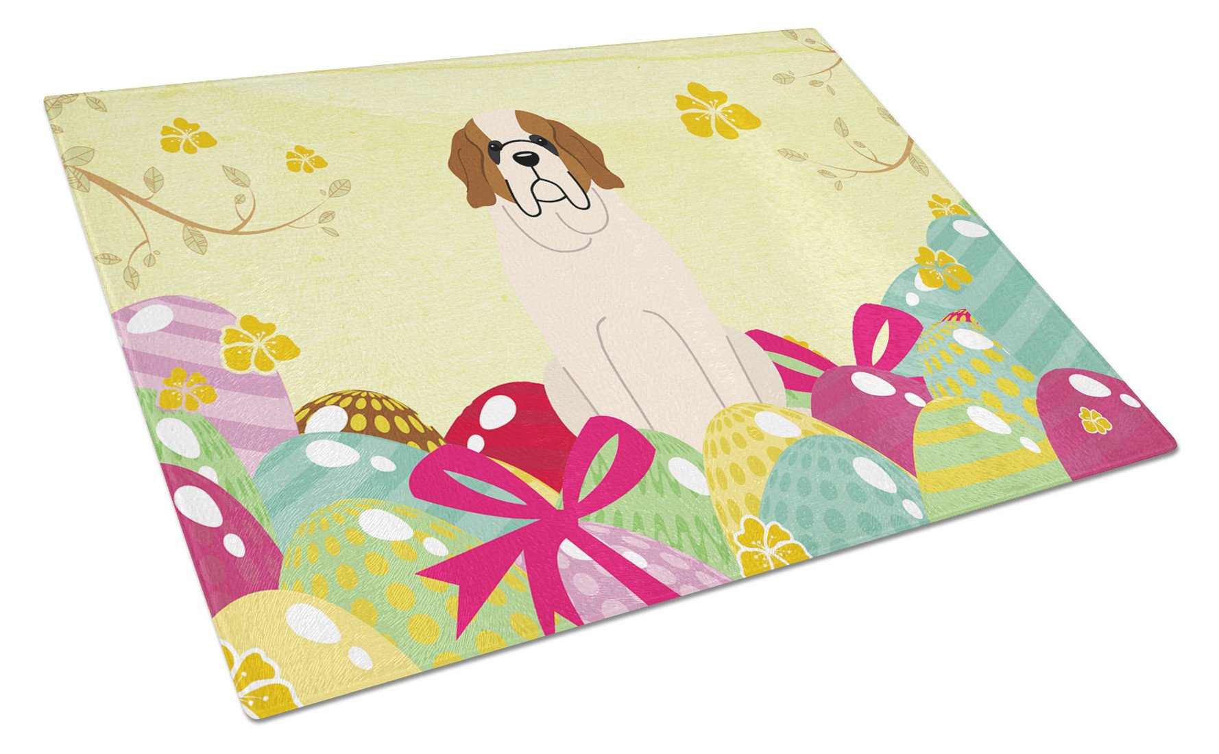 Easter Eggs Saint Bernard Cutting Board Tempered Glass Kitchen Cutting Surface, Heat Resistant Chopping, Non-Slip Feet, Food Prep & Serving