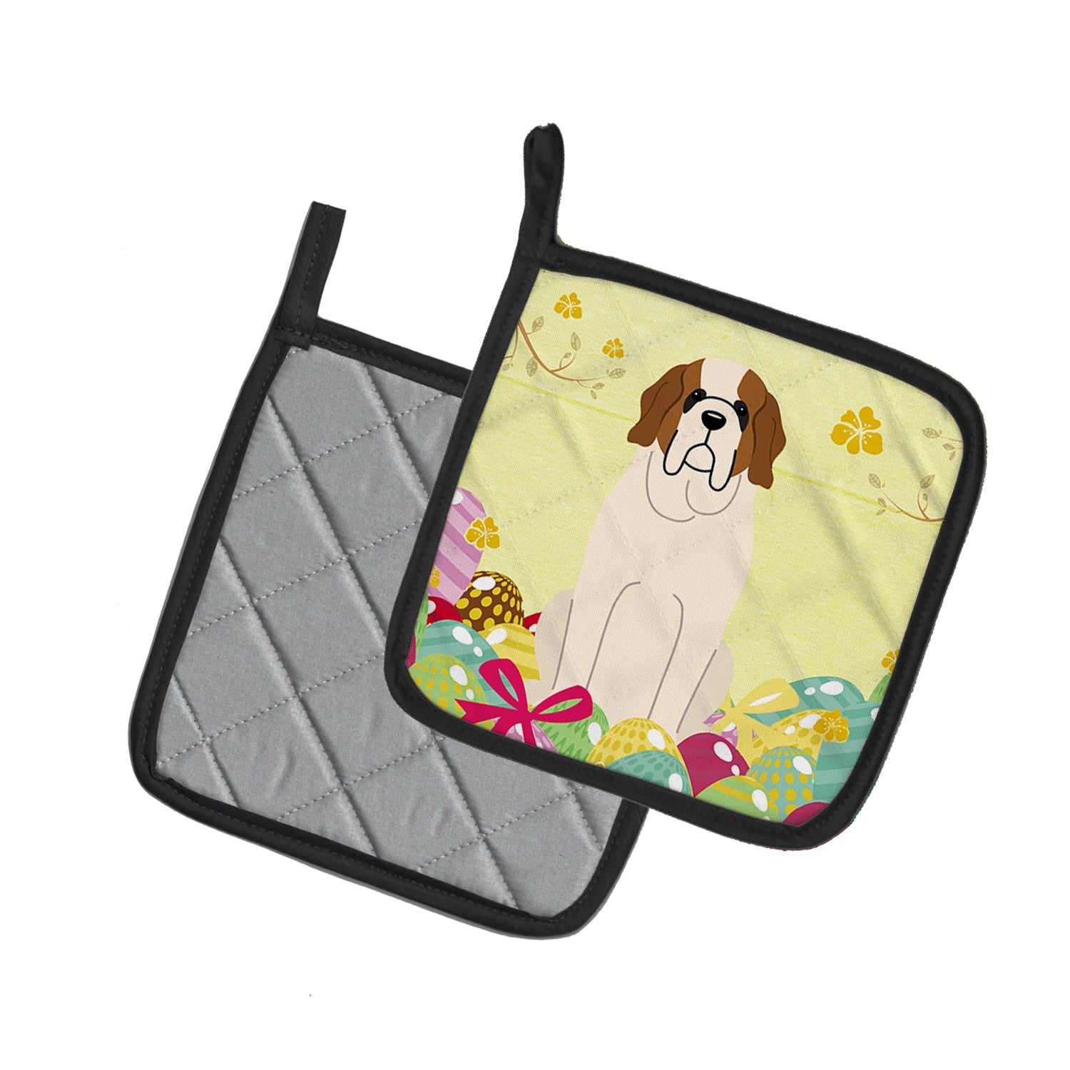 Easter Eggs Saint Bernard Pot Holder Set of 2 Heat Resistant Quilted Hot Pads 7.5 x 7.5 Inch, Insulated Kitchen Trivets for Cooking & Baking