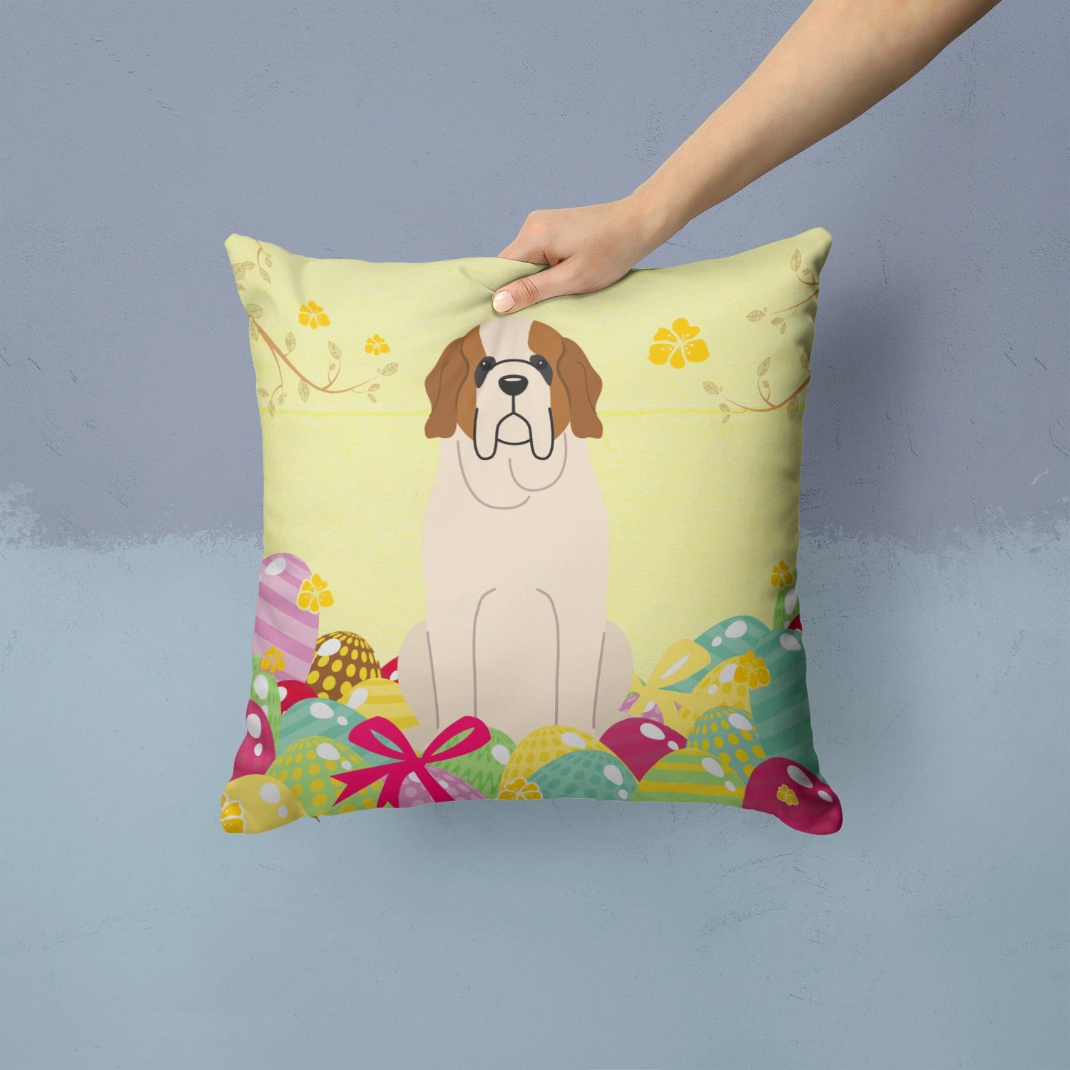 Easter Eggs Saint Bernard Decorative Throw Pillow 14x14 Indoor Outdoor Accent Cushion, Fabric Cover with Insert for Sofa, Bed, Porch & Living Room