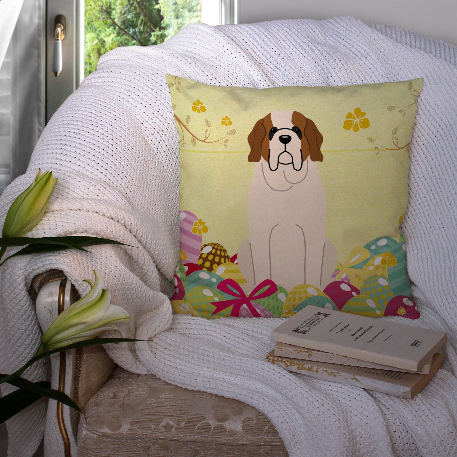 Easter Eggs Saint Bernard Decorative Throw Pillow 14x14 Indoor Outdoor Accent Cushion, Fabric Cover with Insert for Sofa, Bed, Porch & Living Room