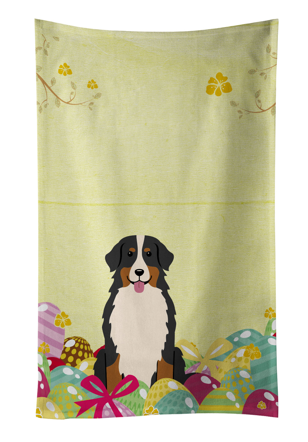 Easter Eggs Bernese Mountain Dog Kitchen Towel Velour Plush Front and Cotton Loop Back Machine Washable