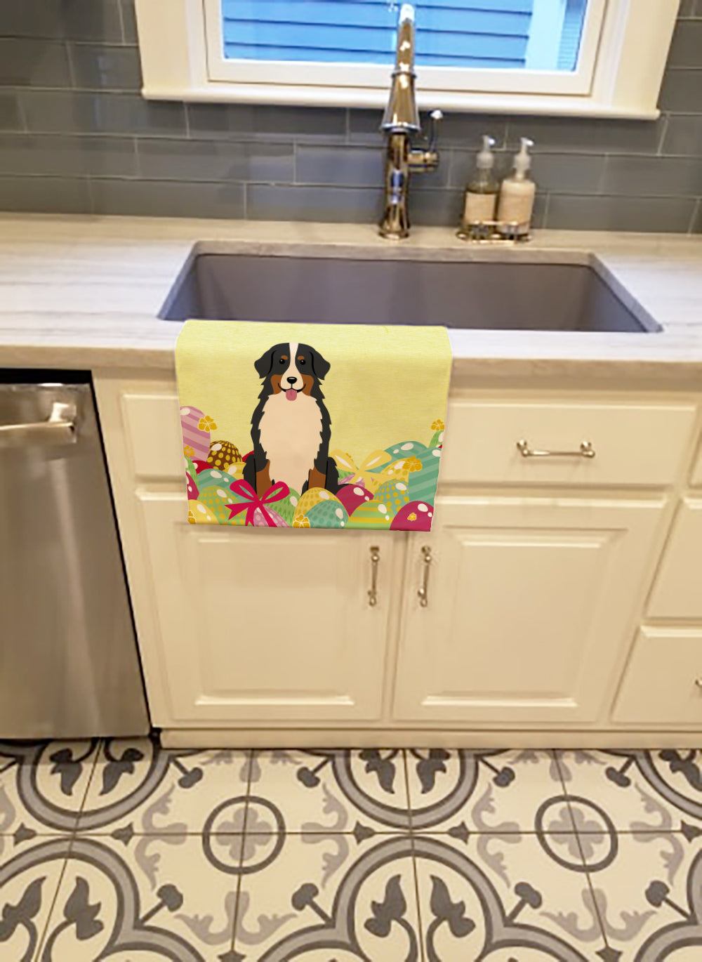 Easter Eggs Bernese Mountain Dog Kitchen Towel Velour Plush Front and Cotton Loop Back Machine Washable