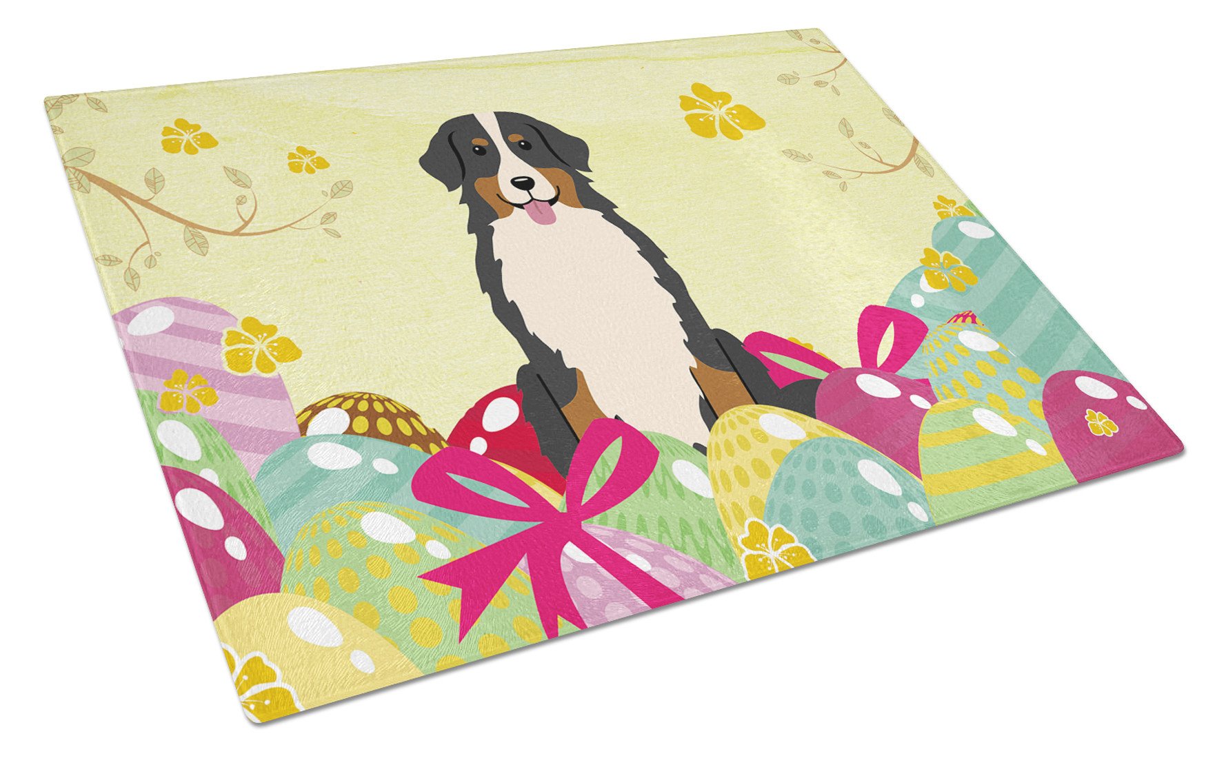 Easter Eggs Bernese Mountain Dog Cutting Board Tempered Glass Kitchen Cutting Surface, Heat Resistant Chopping, Non-Slip Feet, Food Prep & Serving