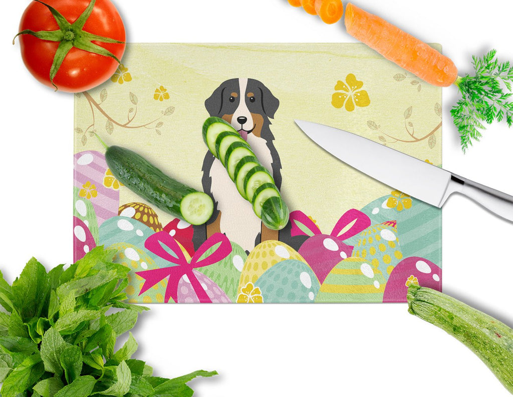 Easter Eggs Bernese Mountain Dog Cutting Board Tempered Glass Kitchen Cutting Surface, Heat Resistant Chopping, Non-Slip Feet, Food Prep & Serving