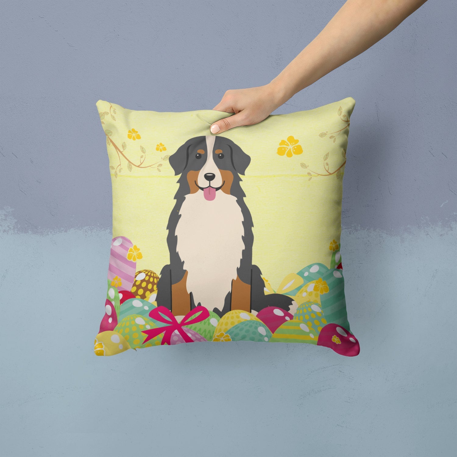 Easter Eggs Bernese Mountain Dog Decorative Throw Pillow 14x14 Indoor Outdoor Accent Cushion, Fabric Cover with Insert for Sofa, Bed, Porch & Living Room