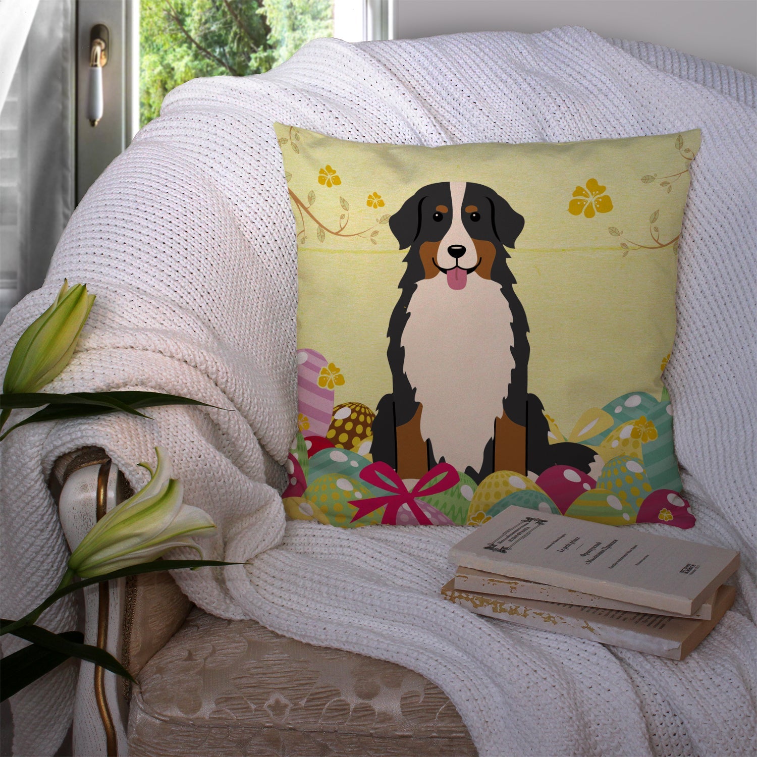 Easter Eggs Bernese Mountain Dog Decorative Throw Pillow 14x14 Indoor Outdoor Accent Cushion, Fabric Cover with Insert for Sofa, Bed, Porch & Living Room