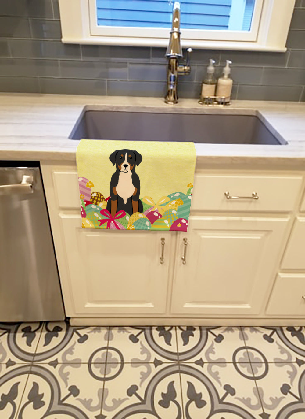 Easter Eggs Greater Swiss Mountain Dog Kitchen Towel Velour Plush Front and Cotton Loop Back Machine Washable