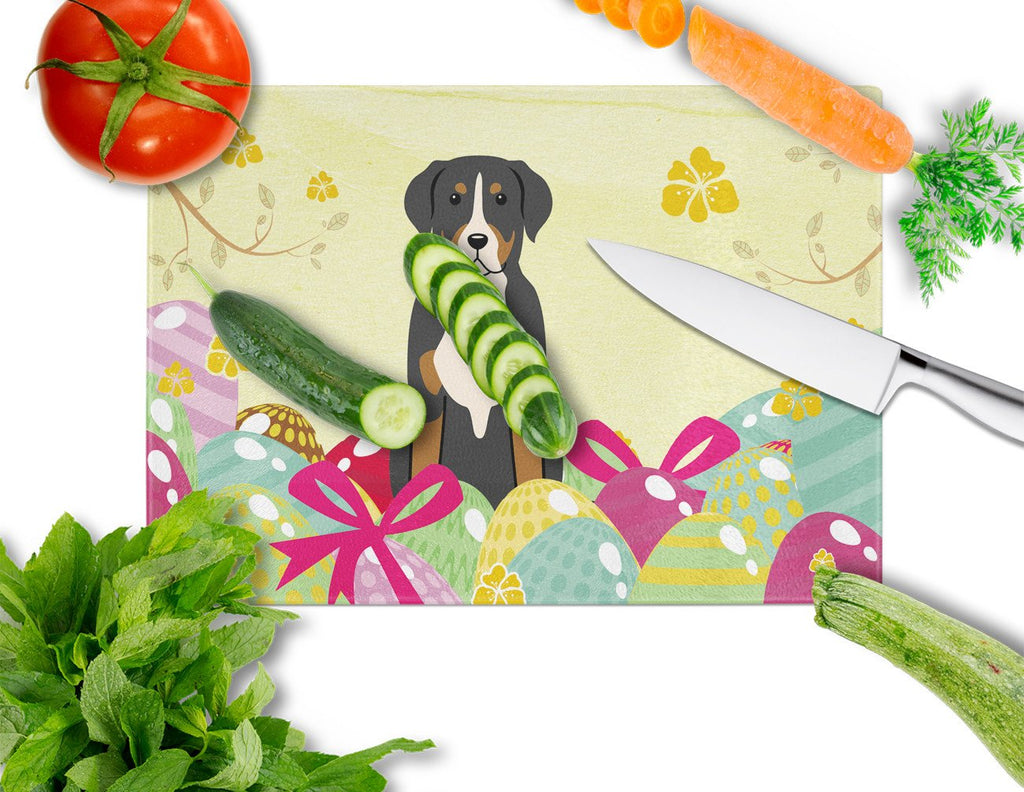 Easter Eggs Greater Swiss Mountain Dog Cutting Board Tempered Glass Kitchen Cutting Surface, Heat Resistant Chopping, Non-Slip Feet, Food Prep & Serving