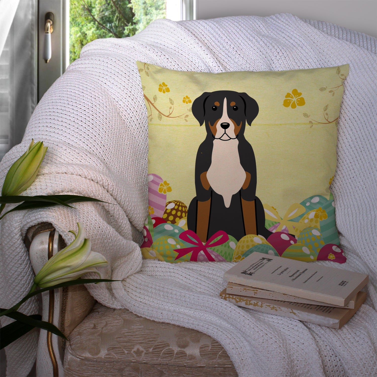 Easter Eggs Greater Swiss Mountain Dog Decorative Throw Pillow 14x14 Indoor Outdoor Accent Cushion, Fabric Cover with Insert for Sofa, Bed, Porch & Living Room